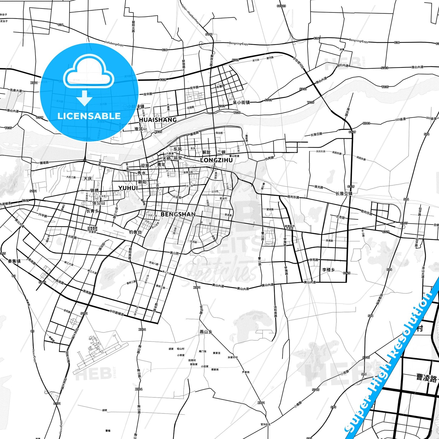 Bengbu, China light map with streetnames, citynames and districts