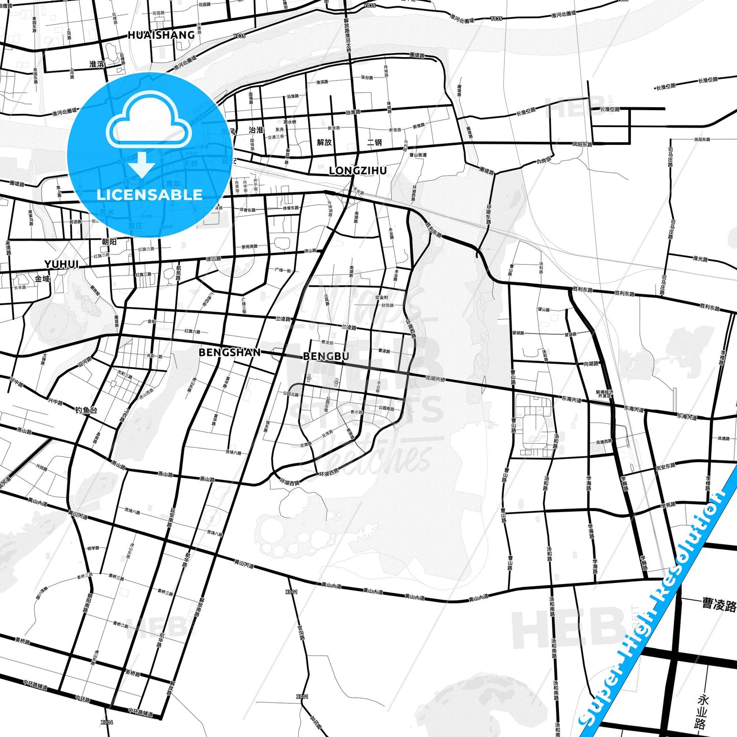 Bengbu, China Light Map with Street Names, City Names, and Districts
