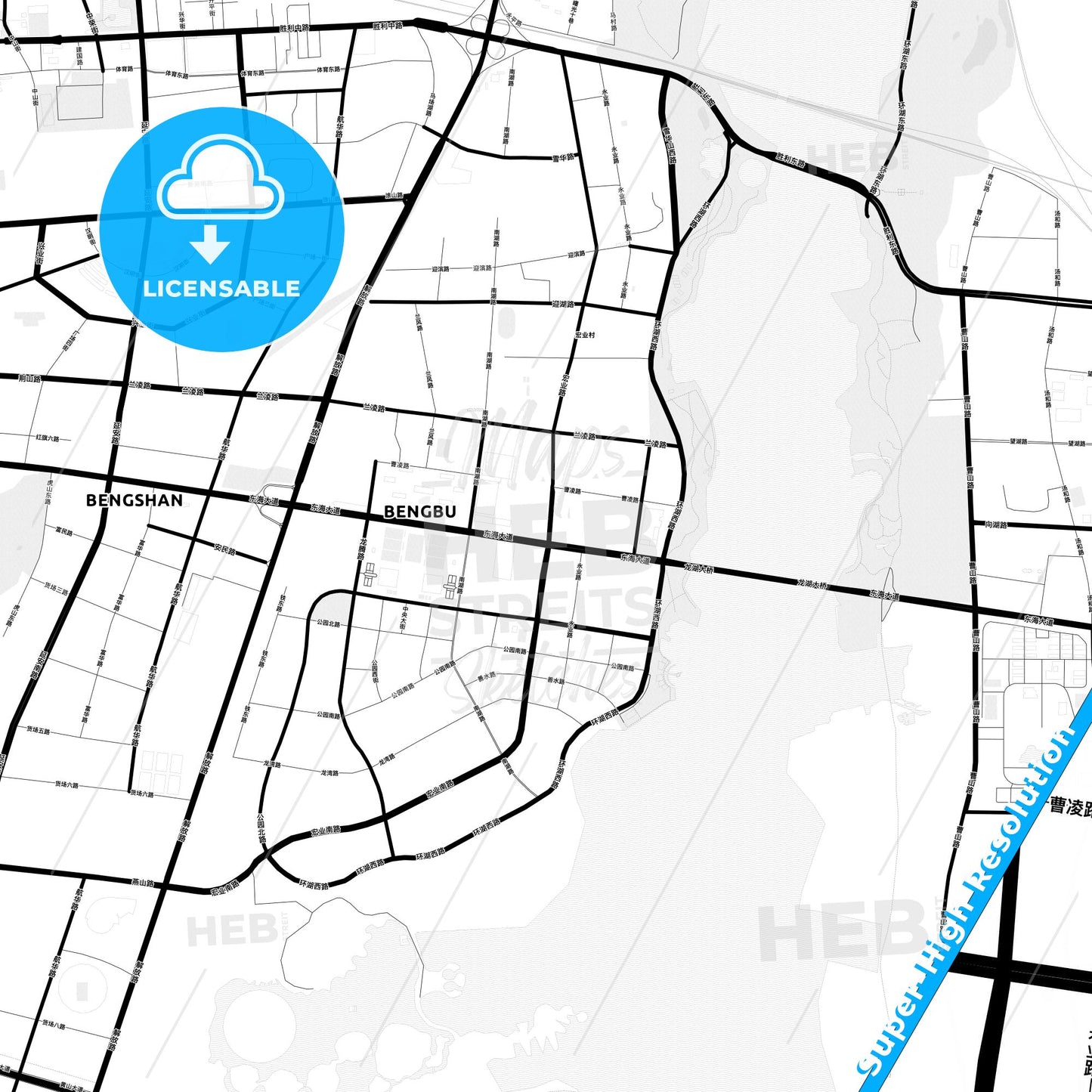 Bengbu, China Light Map with Street Names, City Names, and Districts