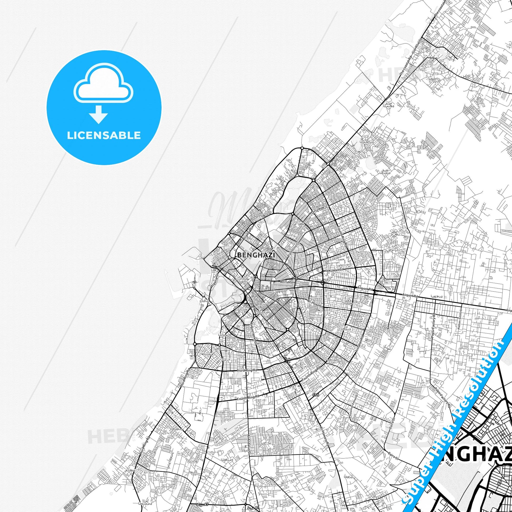 Benghazi, Libya light map with streetnames, citynames and districts