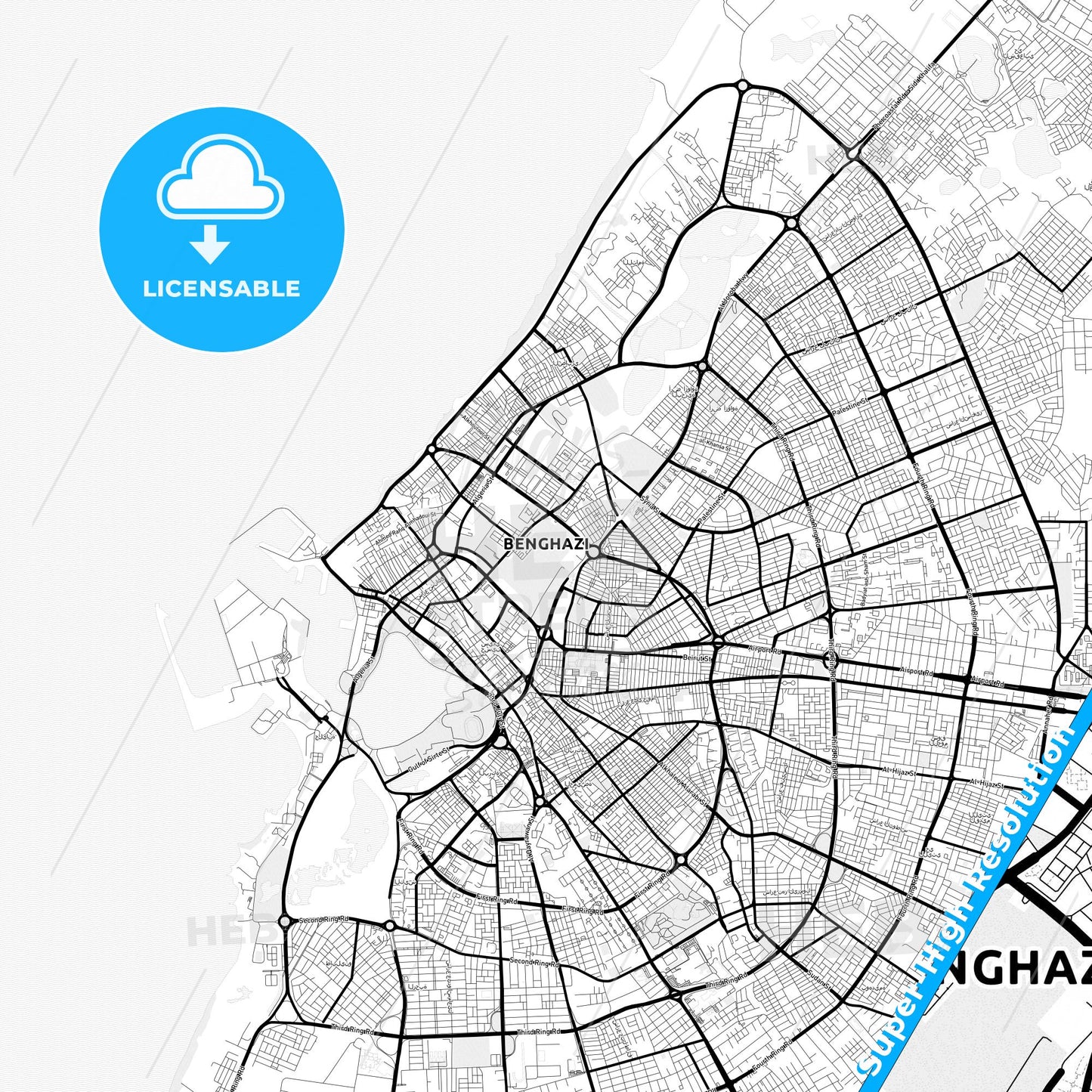 Benghazi, Libya Light Map with Street Names, City Names, and Districts