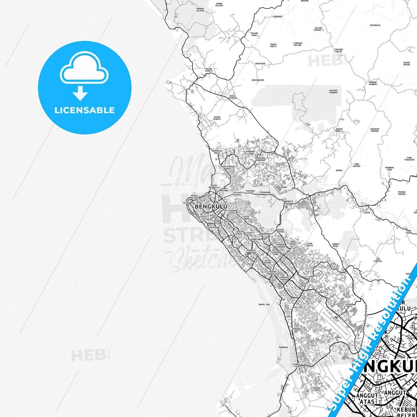 Bengkulu, Indonesia light map with streetnames, citynames and districts