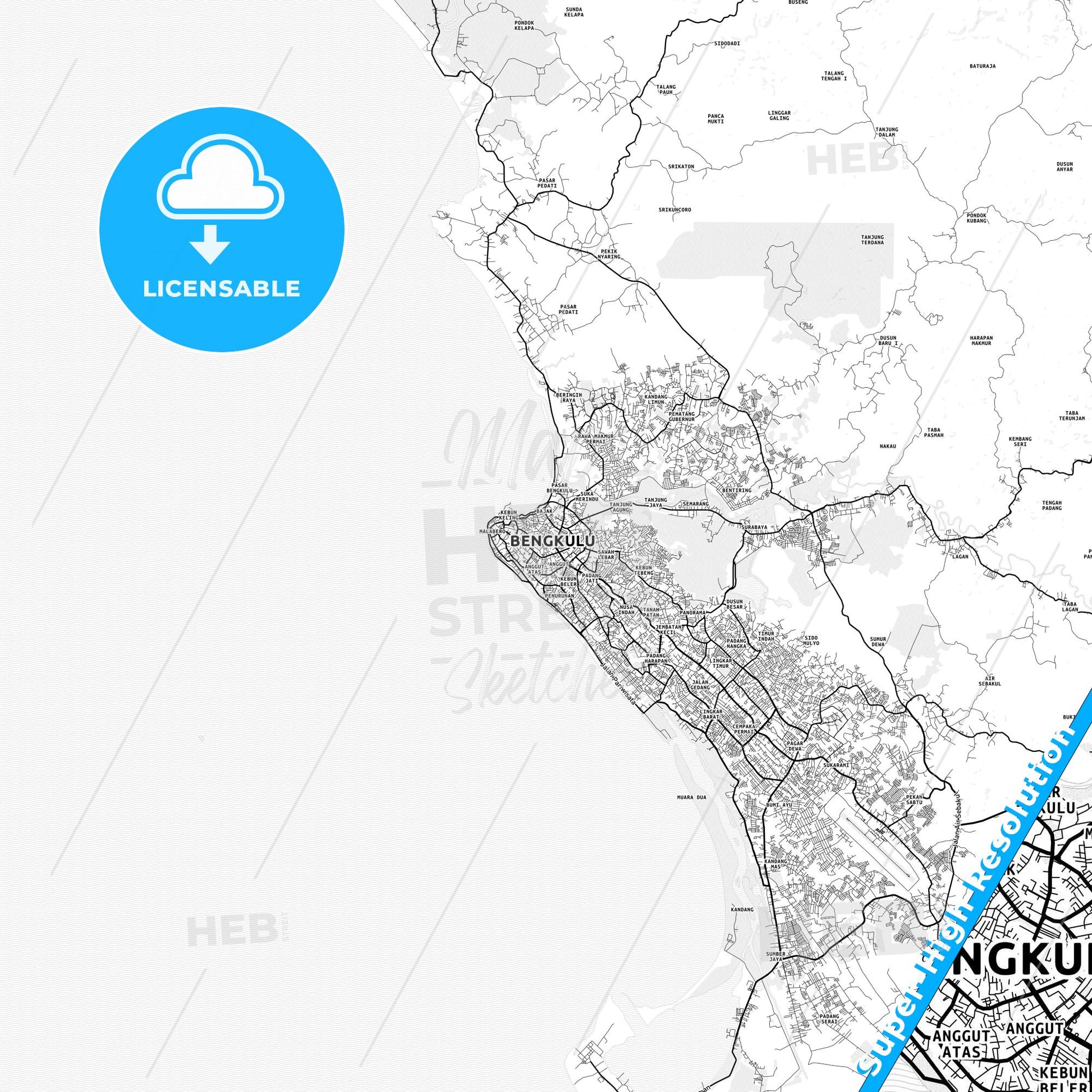 Bengkulu, Indonesia light map with streetnames, citynames and districts