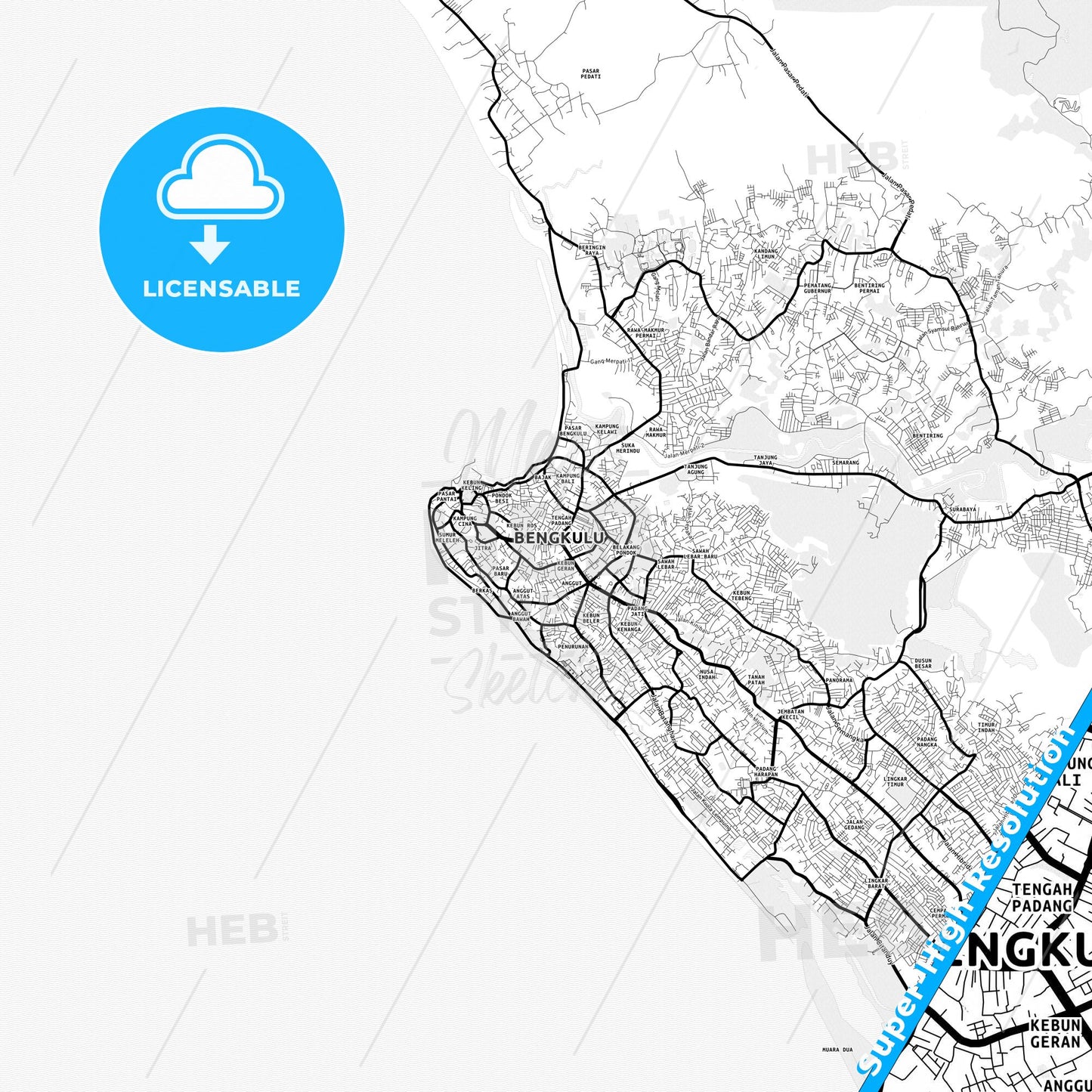Bengkulu, Indonesia Light Map with Street Names, City Names, and Districts