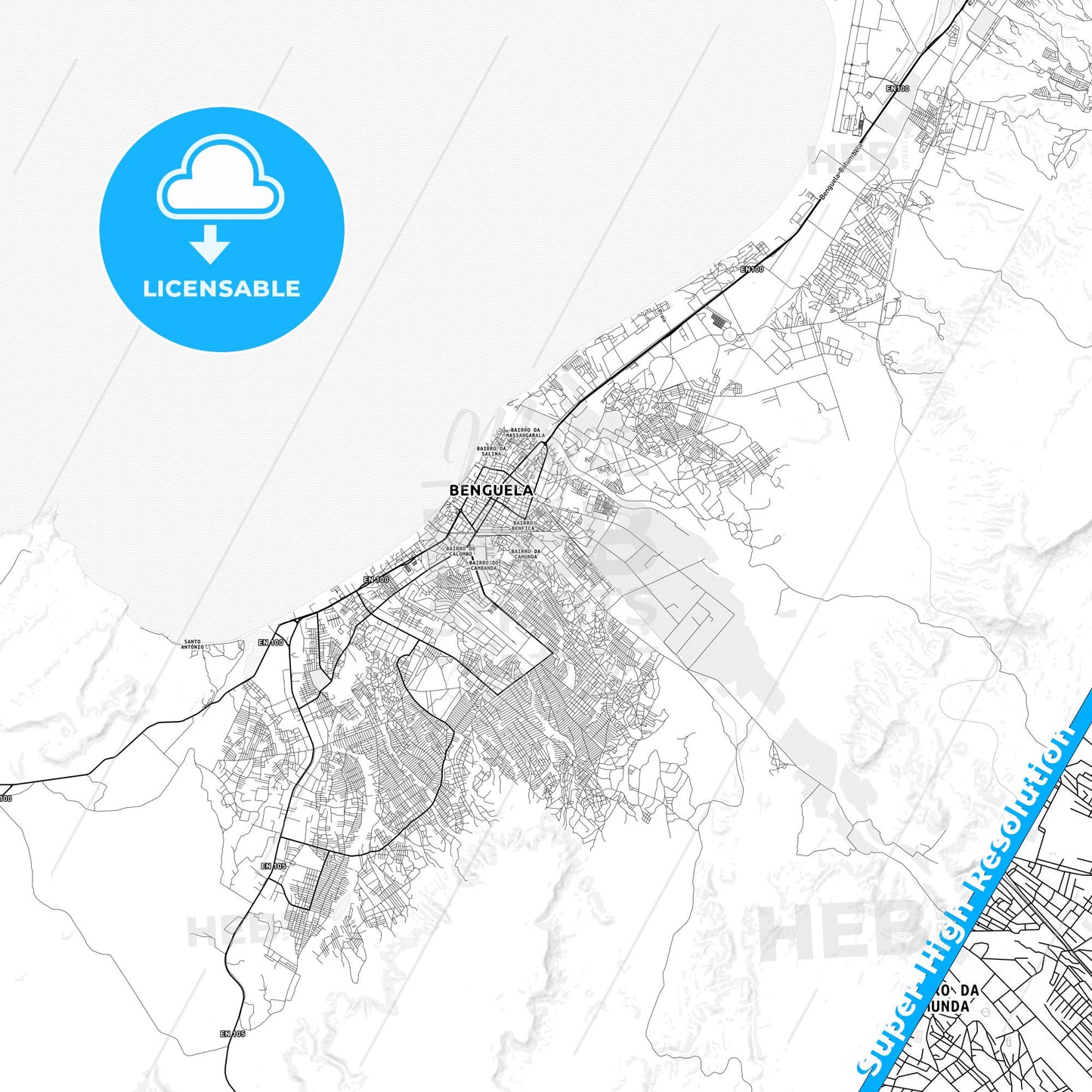 Benguela, Angola light map with streetnames, citynames and districts