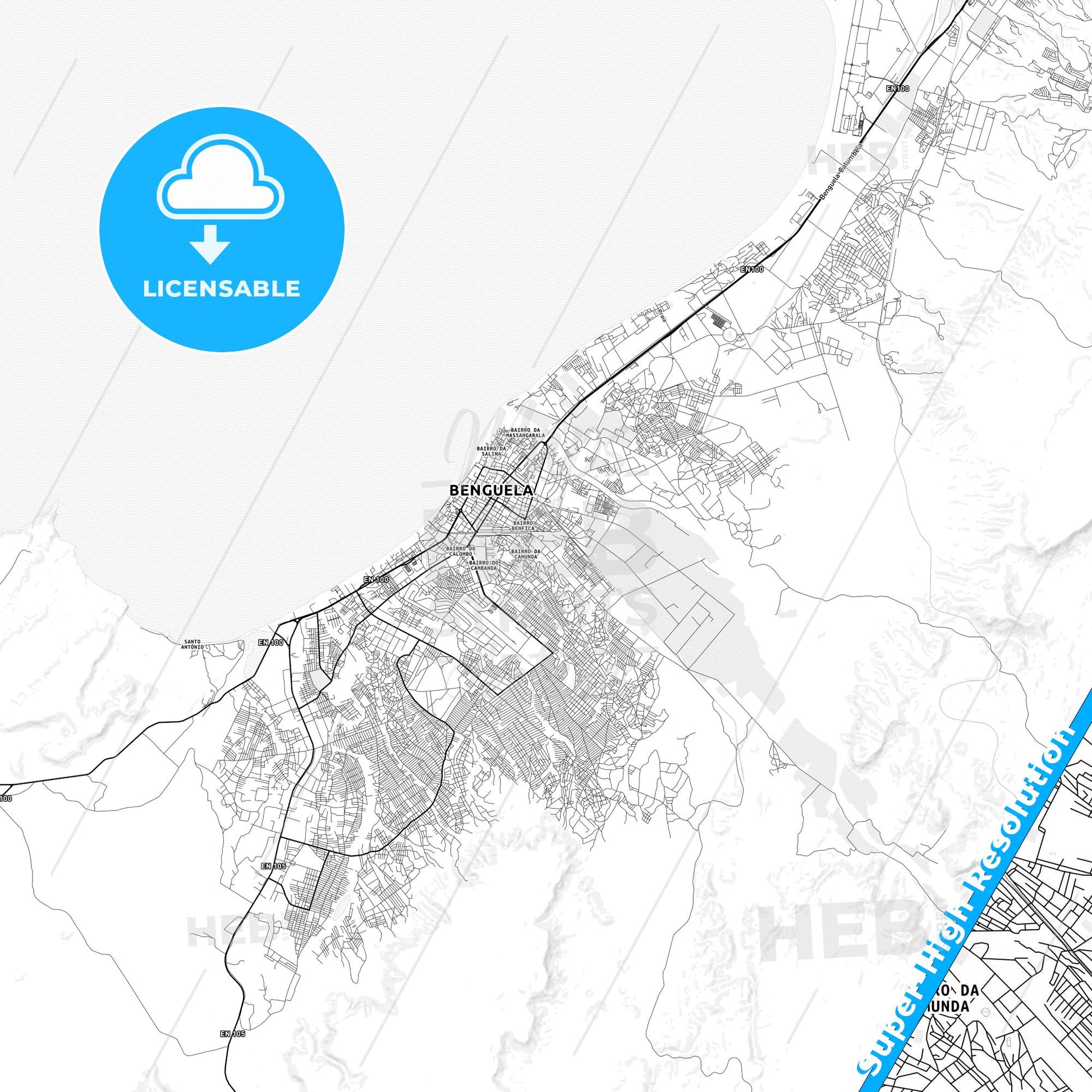 Benguela, Angola light map with streetnames, citynames and districts