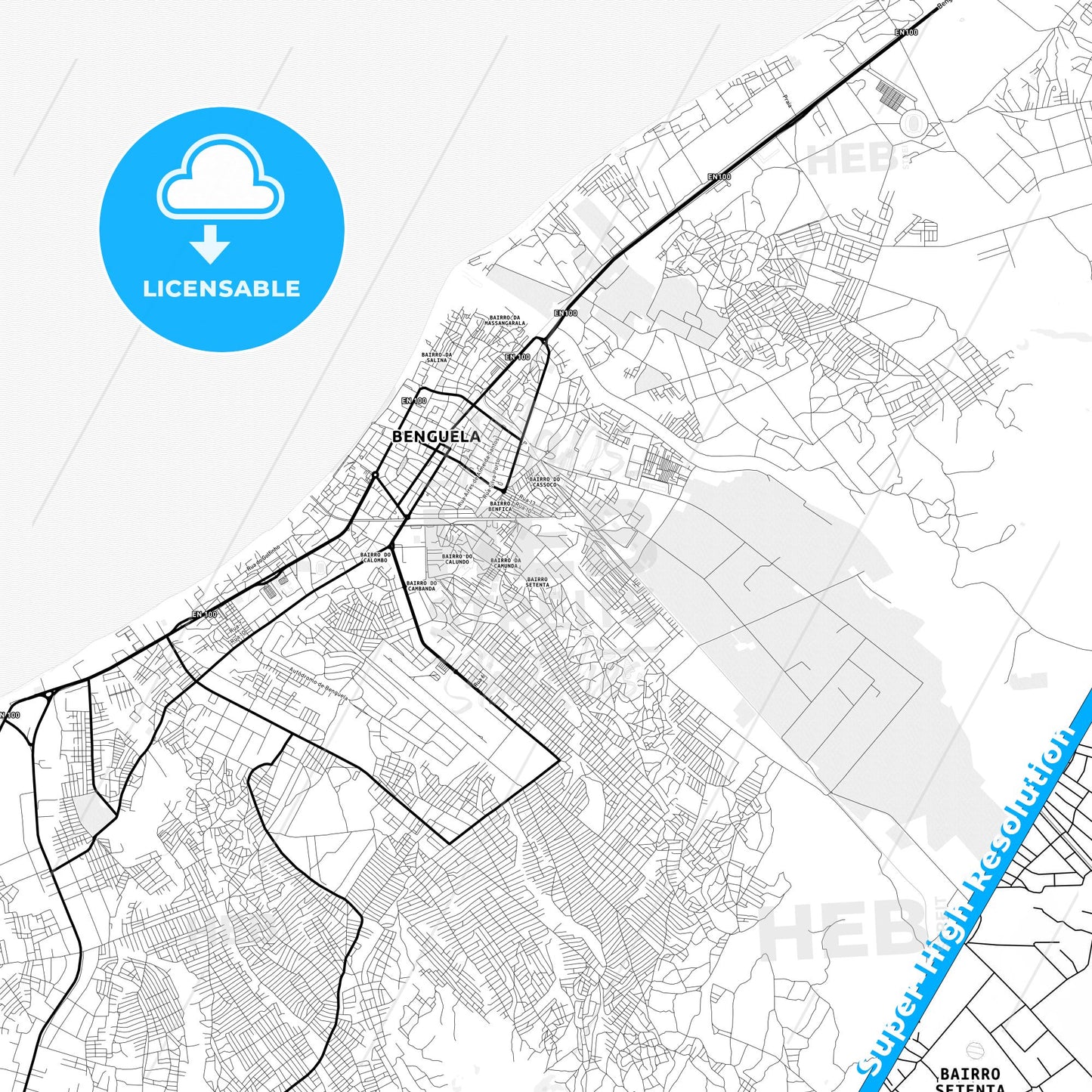 Benguela, Angola Light Map with Street Names, City Names, and Districts