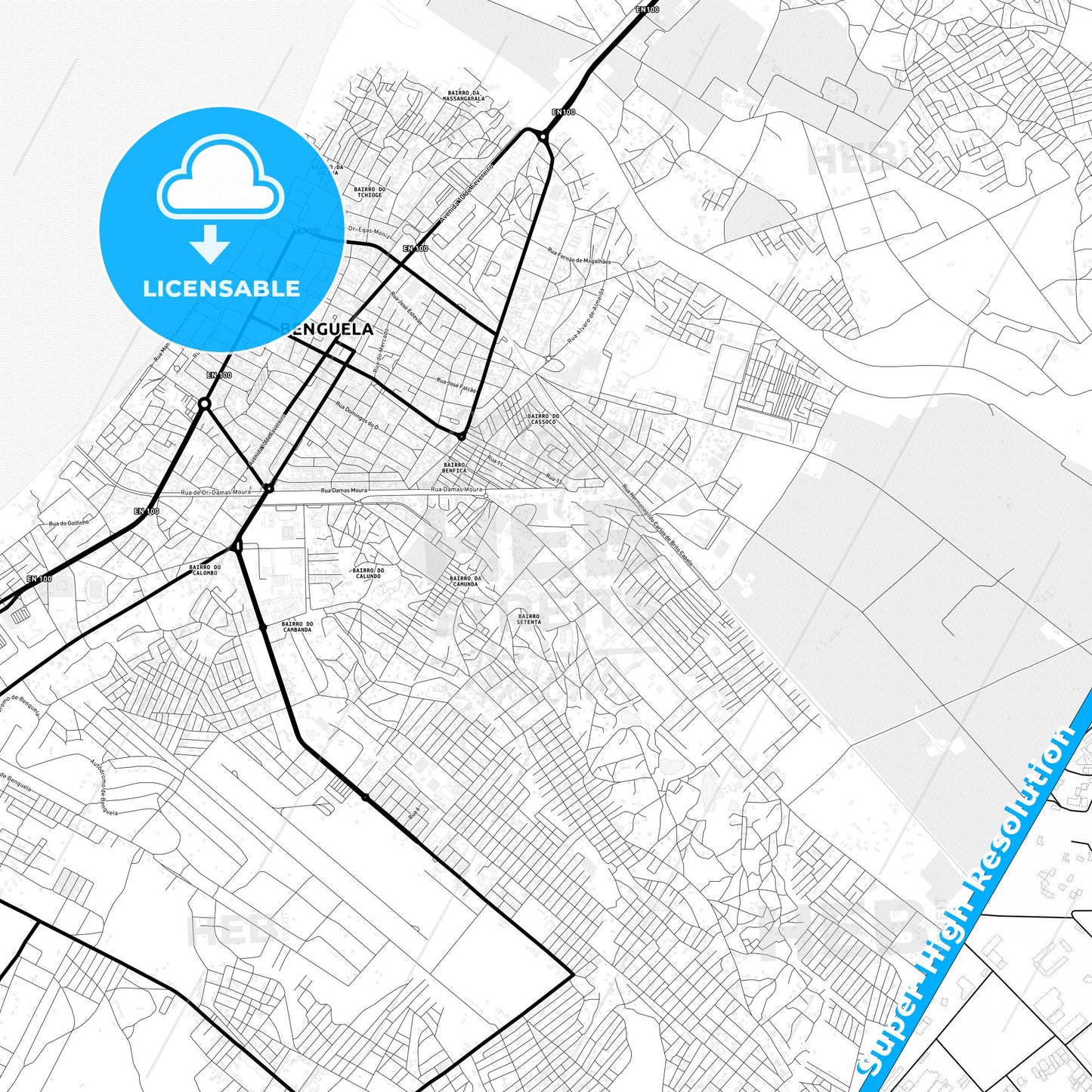 Benguela, Angola Light Map with Street Names, City Names, and Districts