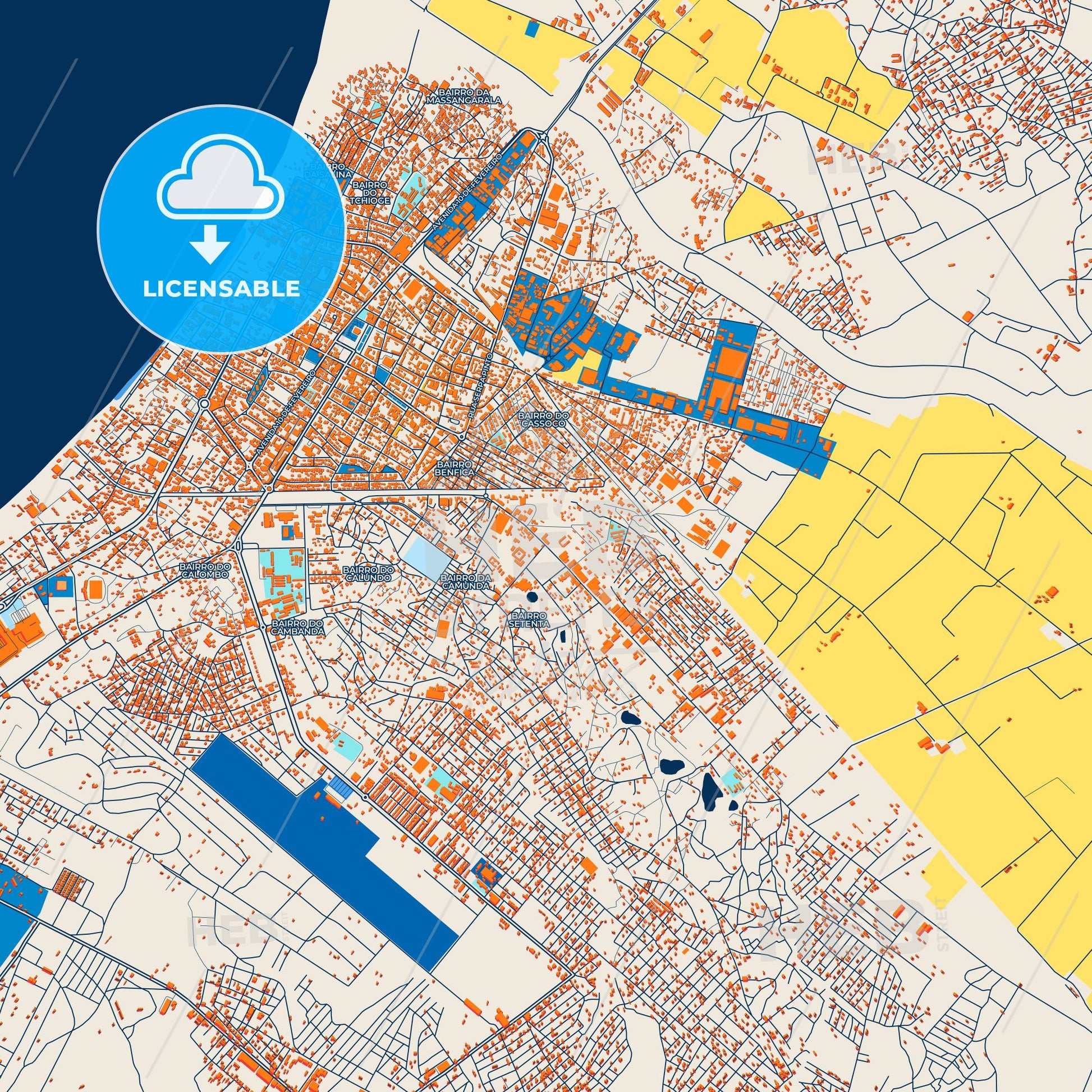 Colorful Benguela Street Map with Labels and Buildings