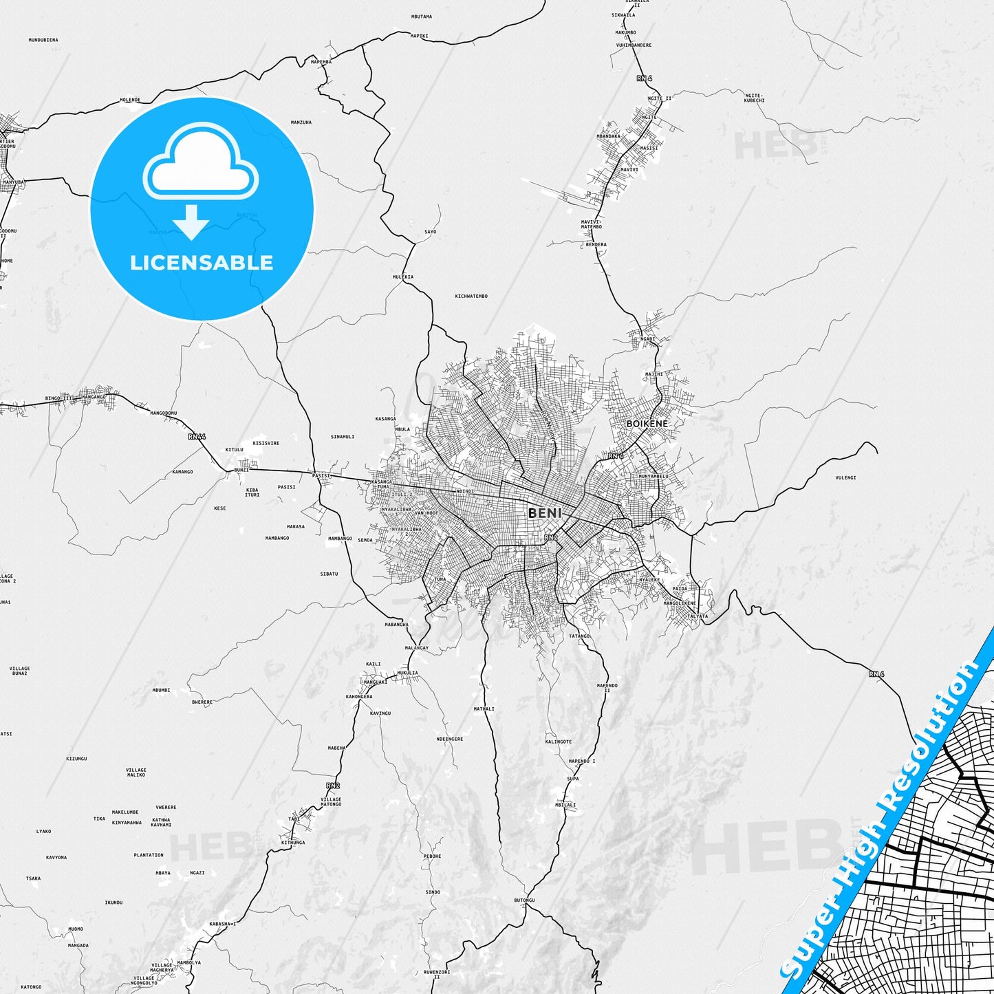 Beni, DR Congo light map with streetnames, citynames and districts