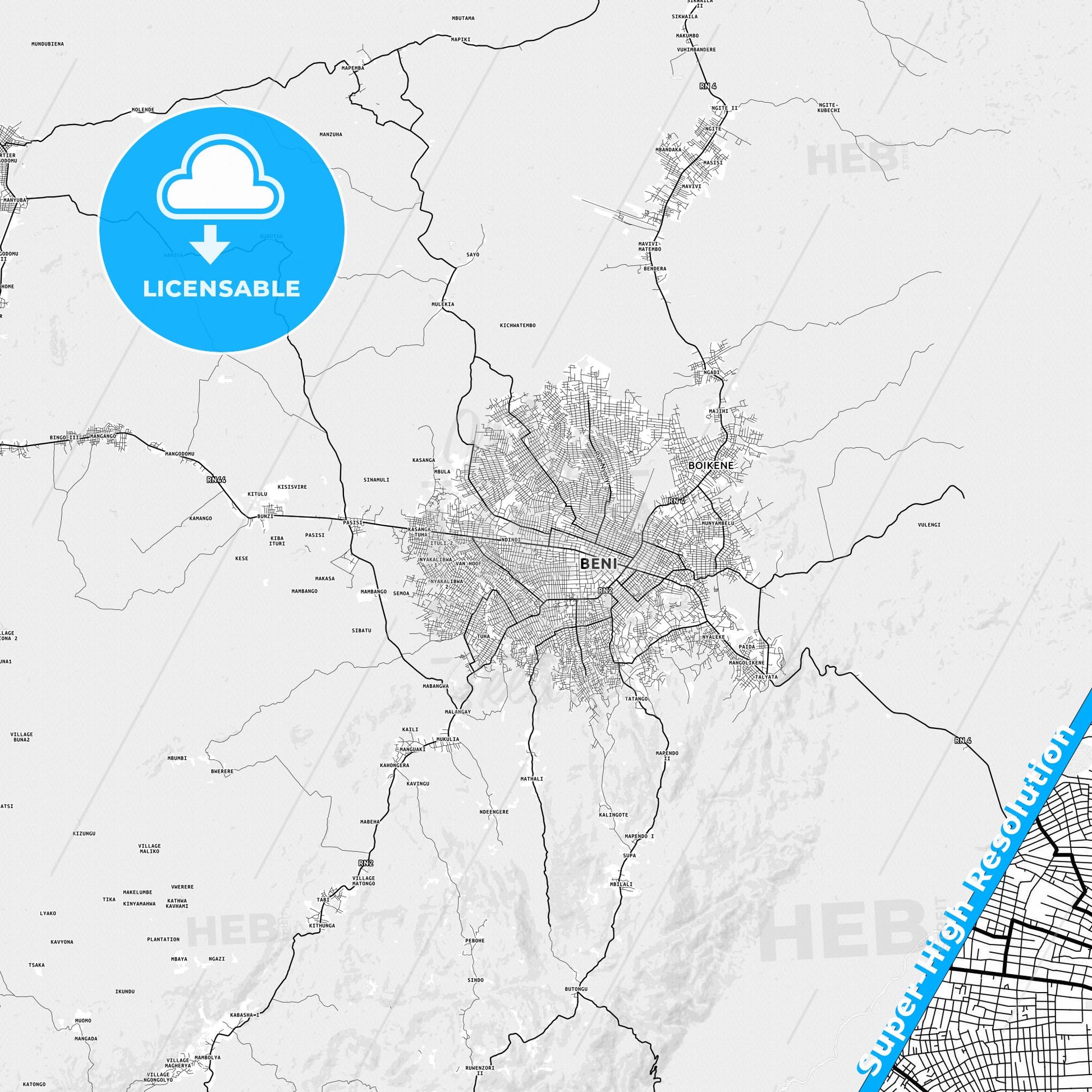 Beni, DR Congo light map with streetnames, citynames and districts