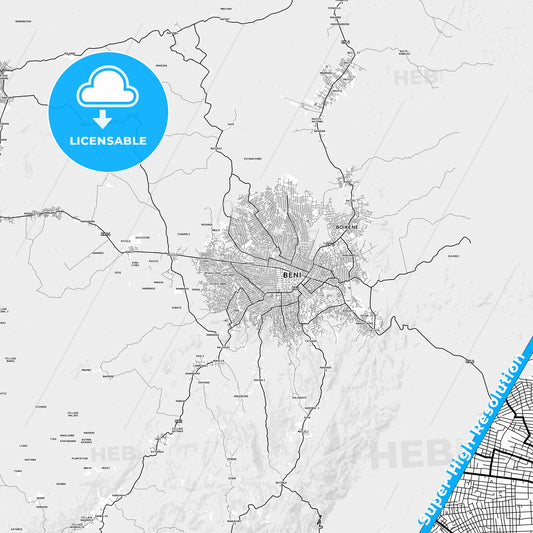 Beni, DR Congo light map with streetnames, citynames and districts