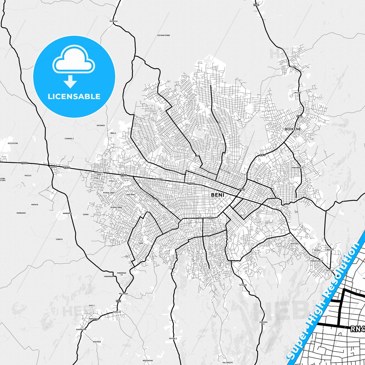 Beni, DR Congo Light Map with Street Names, City Names, and Districts
