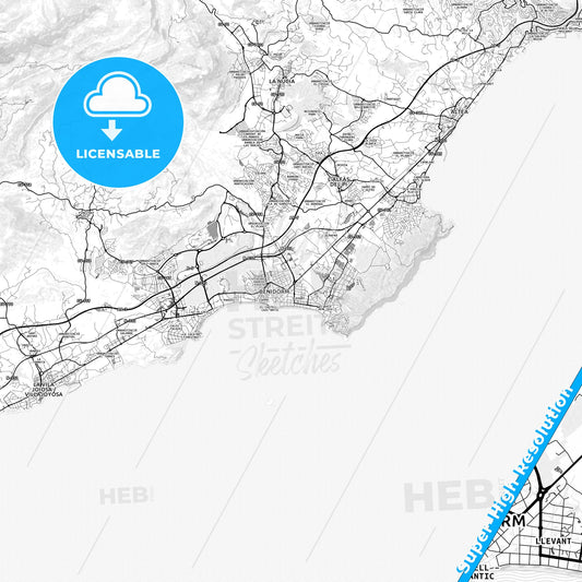 Benidorm, Spain light map with streetnames, citynames and districts