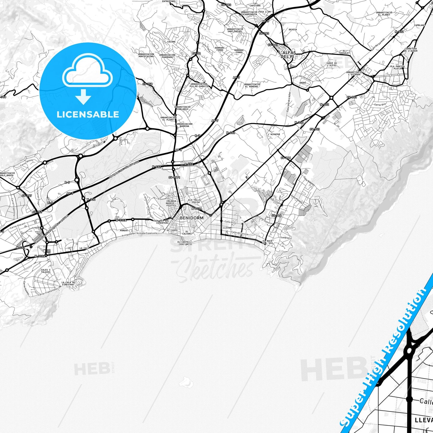 Benidorm, Spain Light Map with Street Names, City Names, and Districts