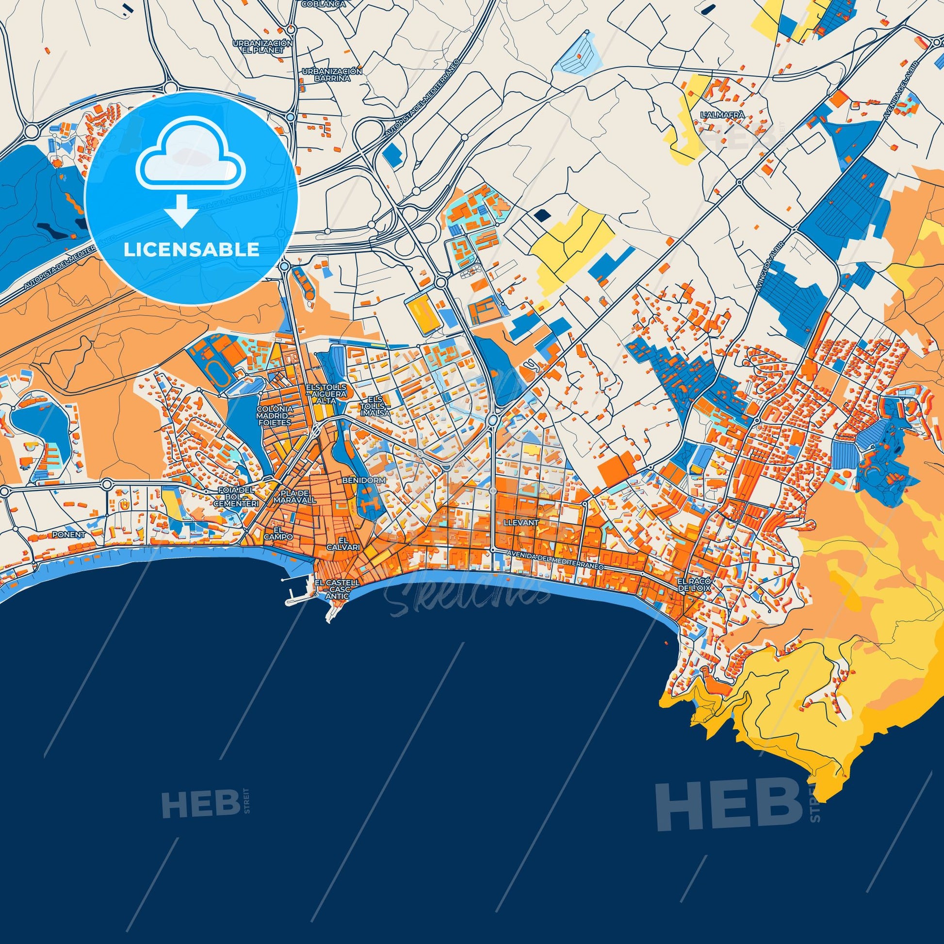 Colorful Benidorm Street Map with Labels and Buildings