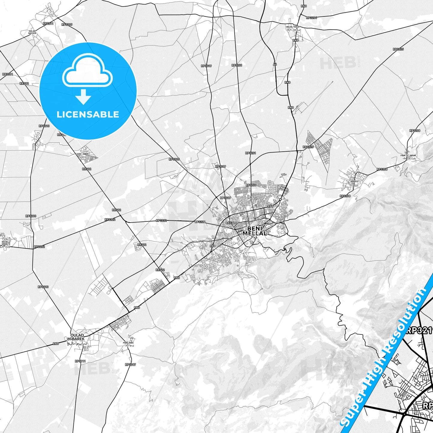 Beni Mellal, Morocco light map with streetnames, citynames and districts