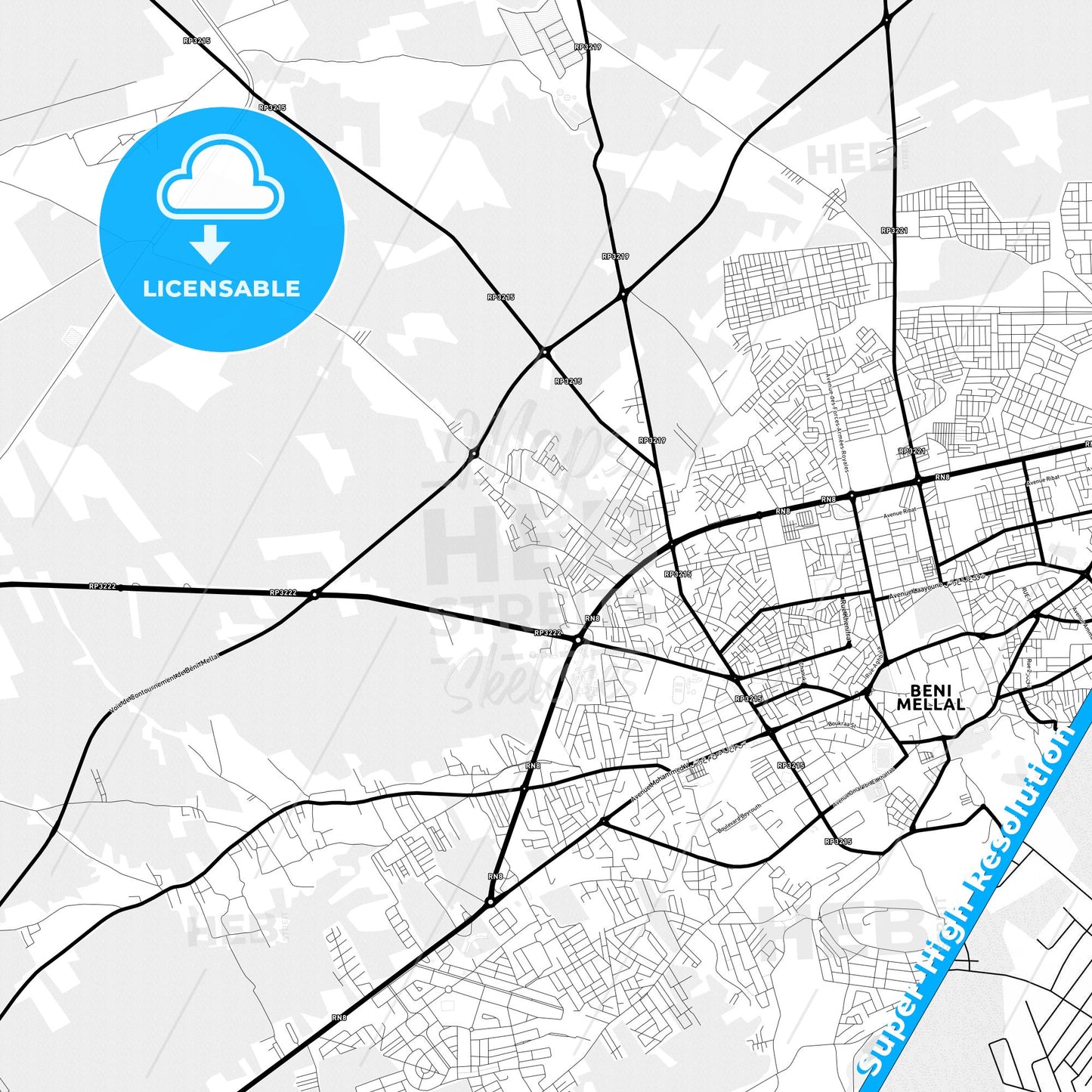 Beni Mellal, Morocco Light Map with Street Names, City Names, and Districts