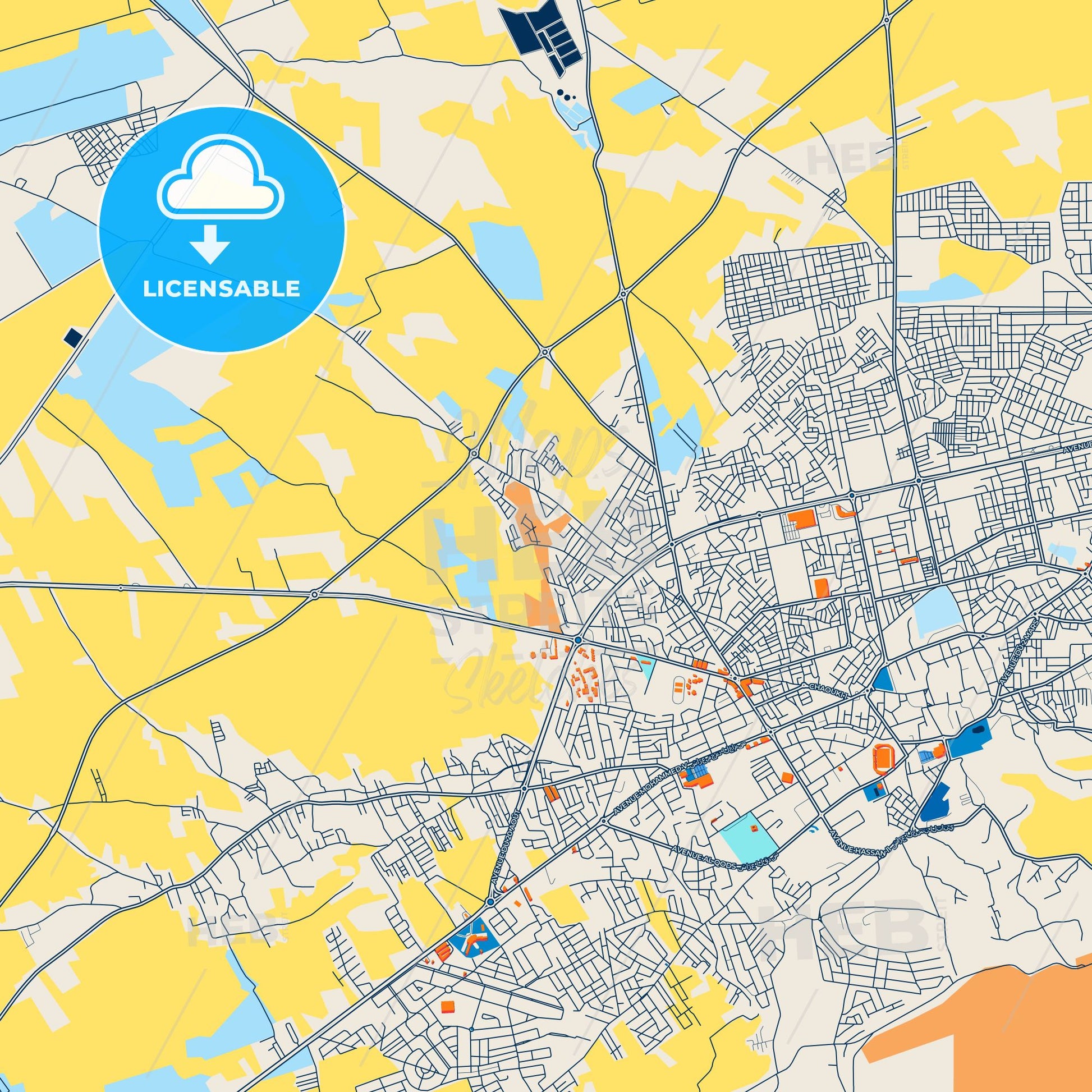 Colorful Beni Mellal Street Map with Labels and Buildings