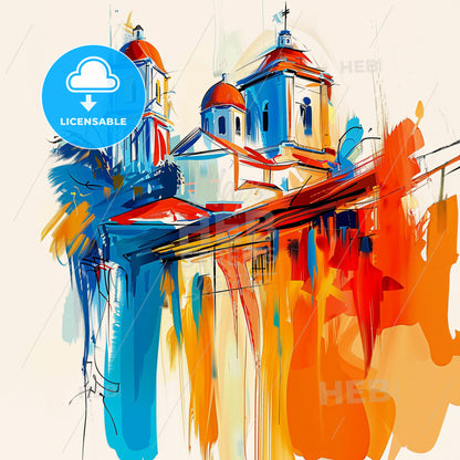 Vibrant Benin City, Nigeria - A Painting Of A Building With Colorful Roofs