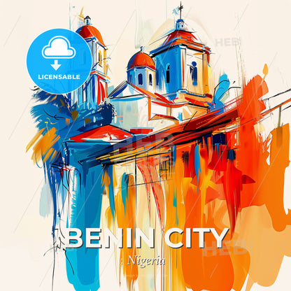 Vibrant Benin City, Nigeria - A Painting Of A Building With Colorful Roofs - Square format print template