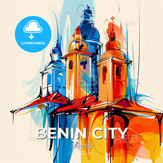 Vibrant Benin City, Nigeria - A Colorful Painting Of A Building - Square format print template