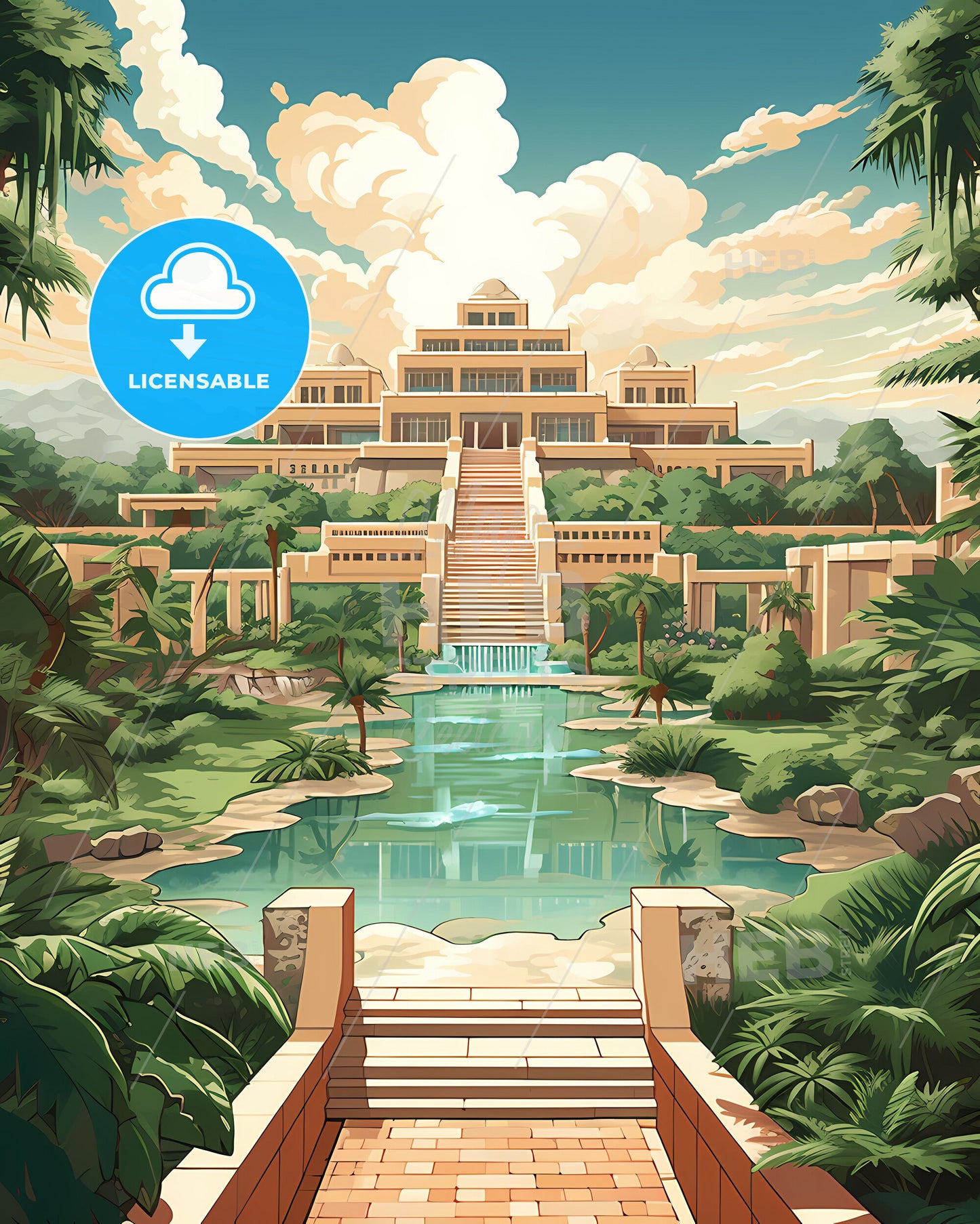 Vibrant Benin City Nigeria Skyline Art Painting Featuring Stairs Leading to Pool Water