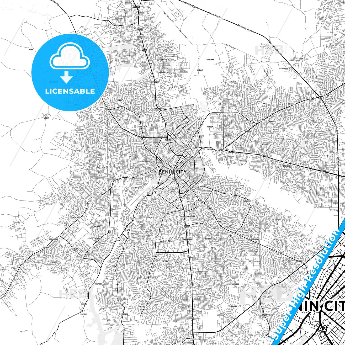 Benin City, Nigeria light map with streetnames, citynames and districts