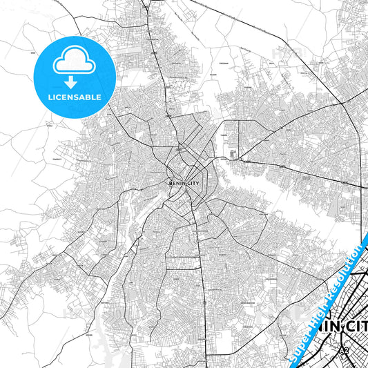 Benin City, Nigeria light map with streetnames, citynames and districts