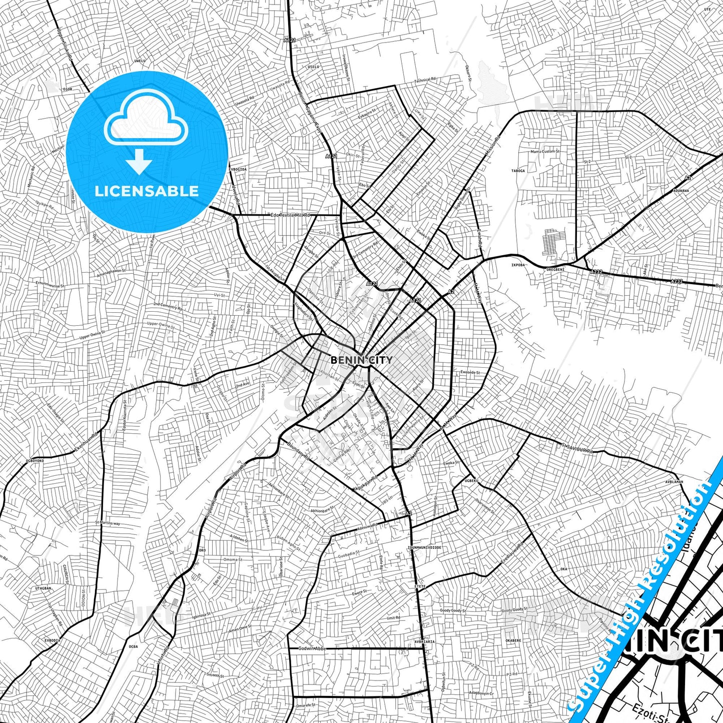Benin City, Nigeria Light Map with Street Names, City Names, and Districts