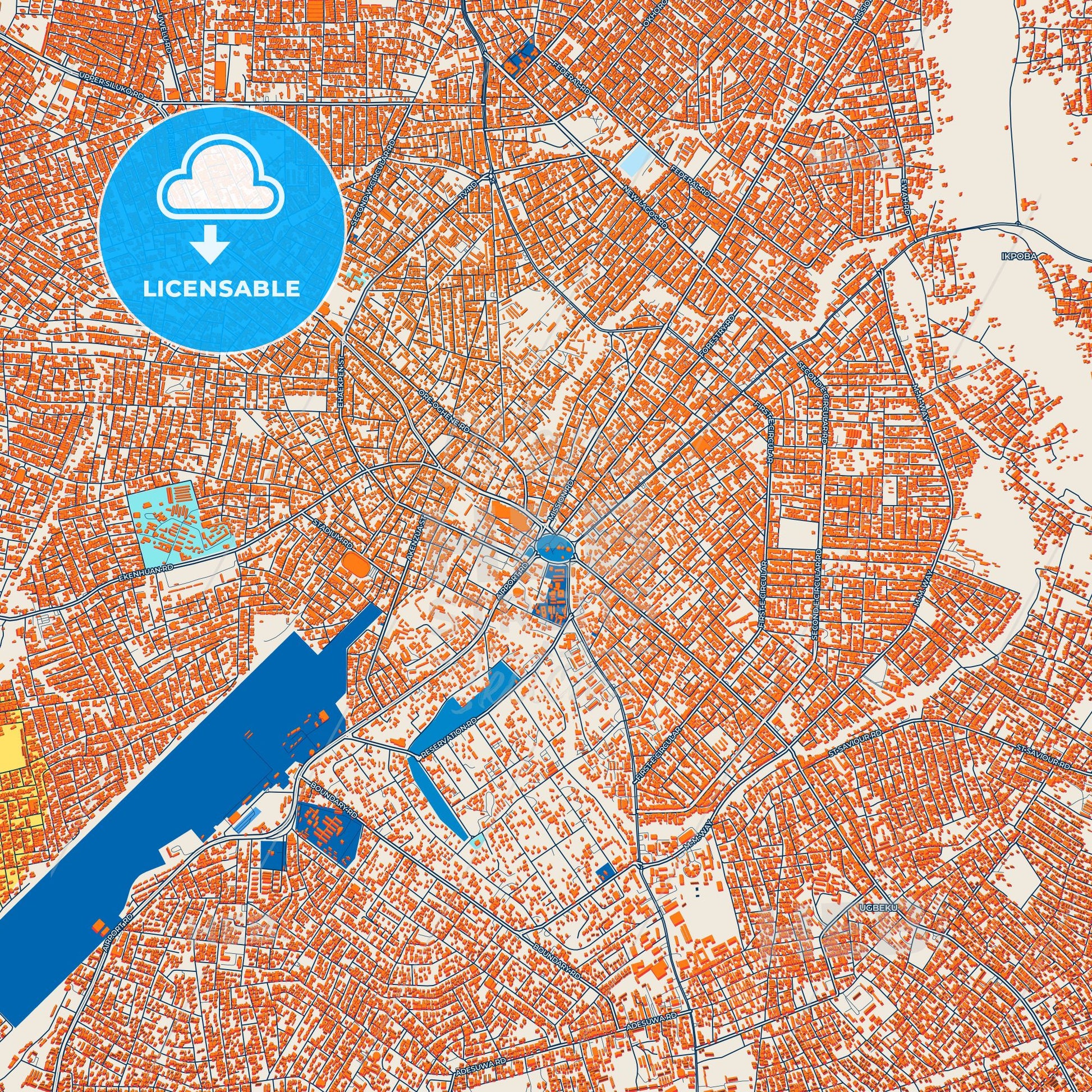 Colorful Benin City Street Map with Labels and Buildings
