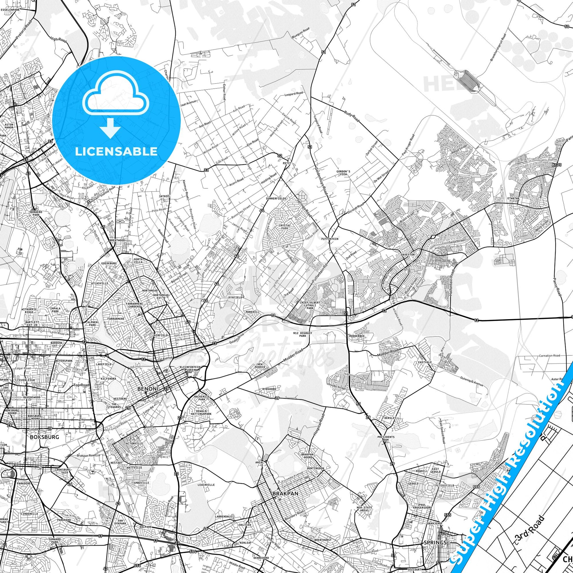Benoni, South Africa light map with streetnames, citynames and districts
