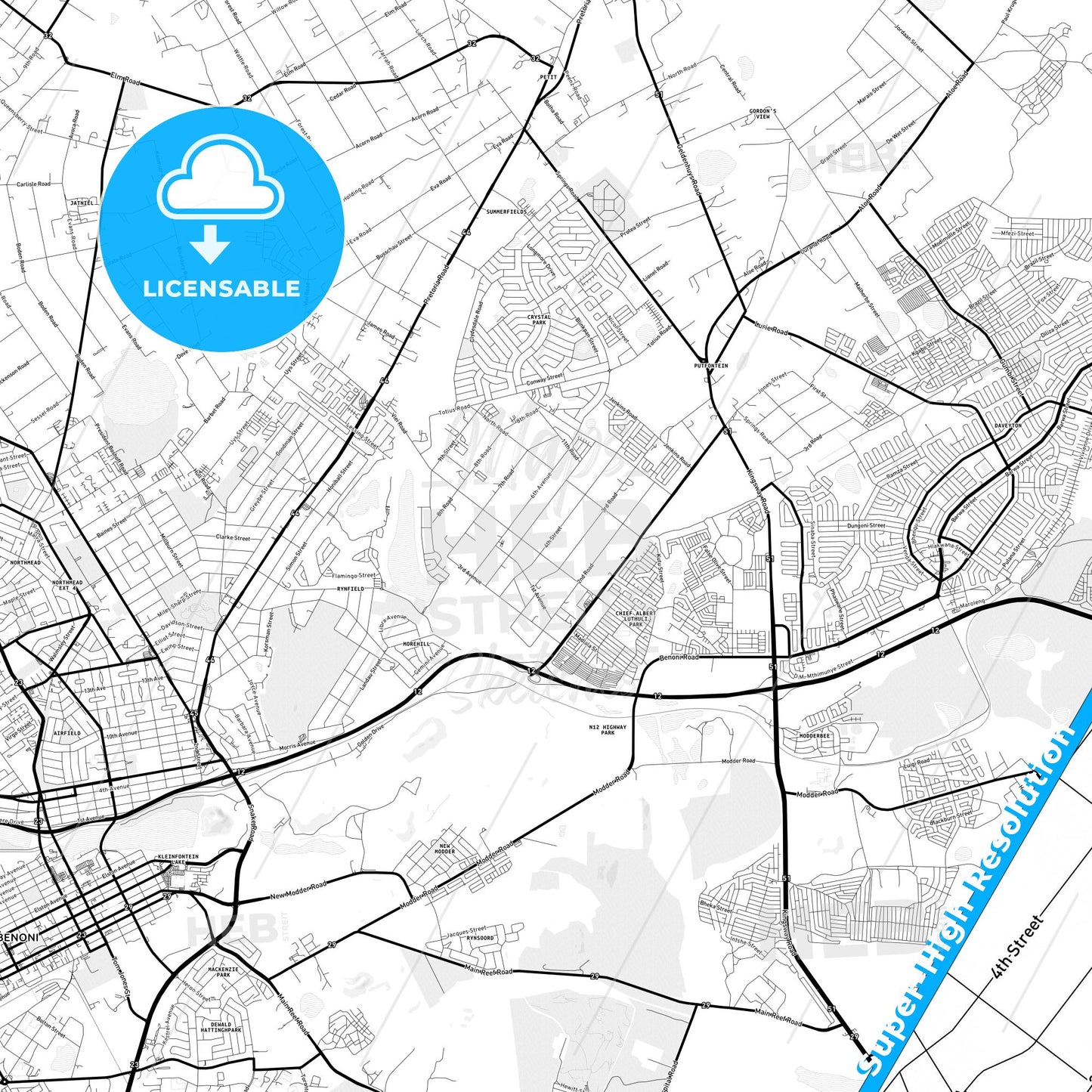 Benoni, South Africa Light Map with Street Names, City Names, and Districts