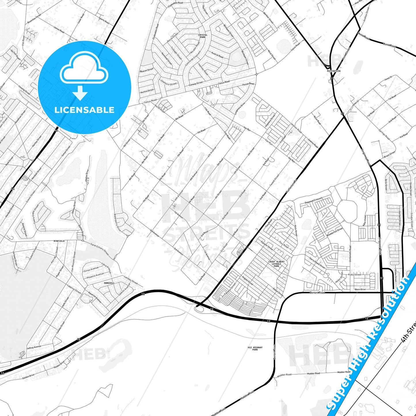 Benoni, South Africa Light Map with Street Names, City Names, and Districts