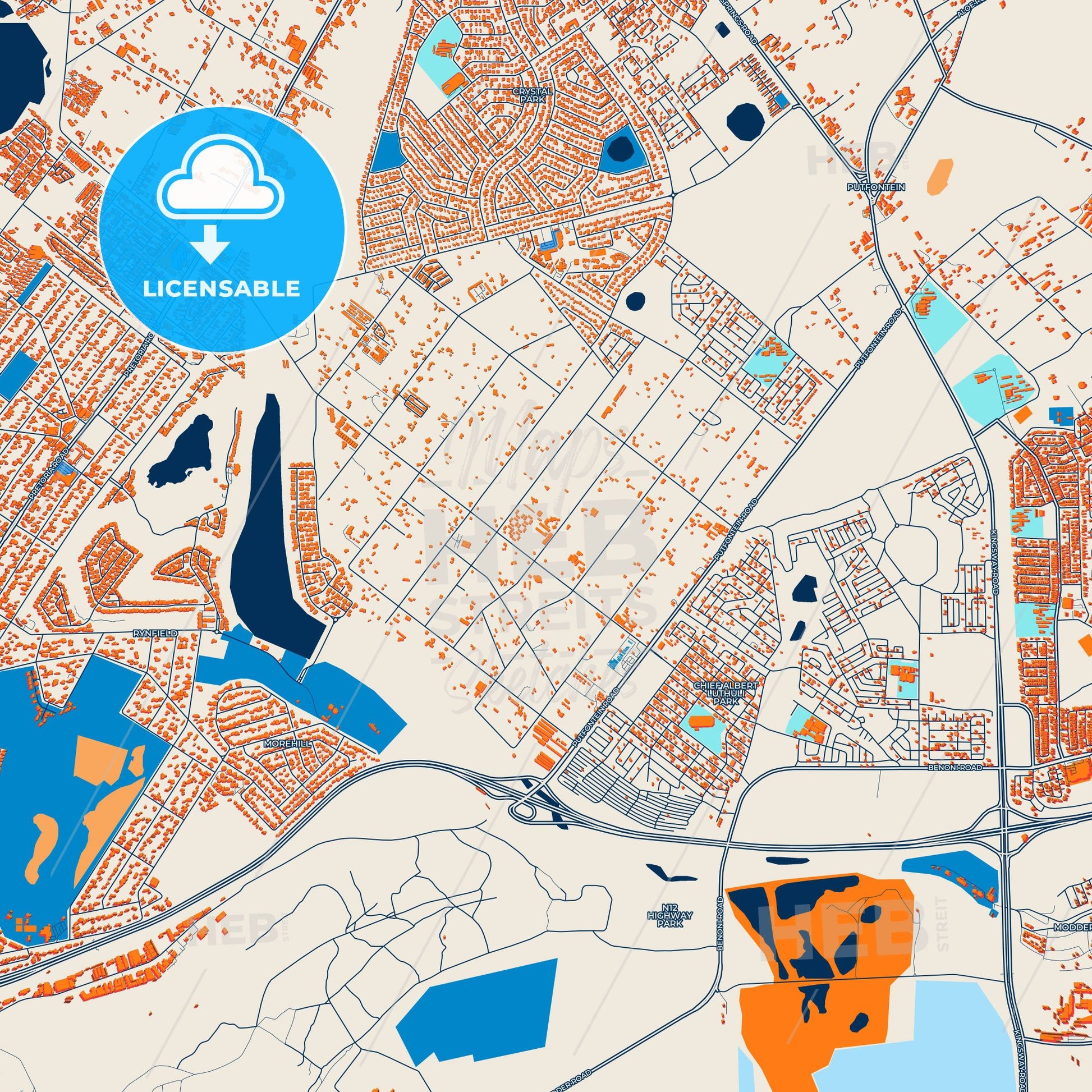 Colorful Benoni Street Map with Labels and Buildings