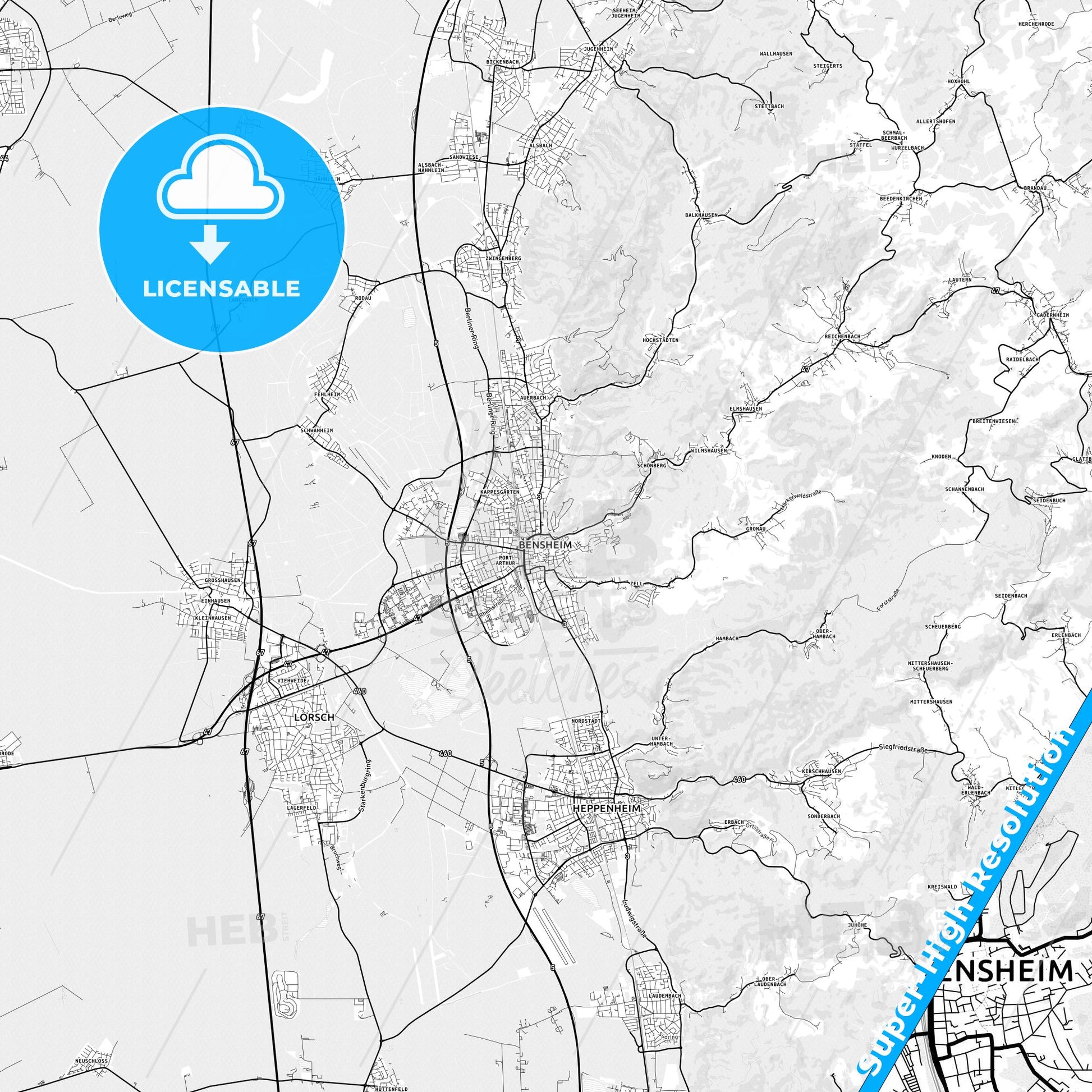 Bensheim, Germany light map with streetnames, citynames and districts