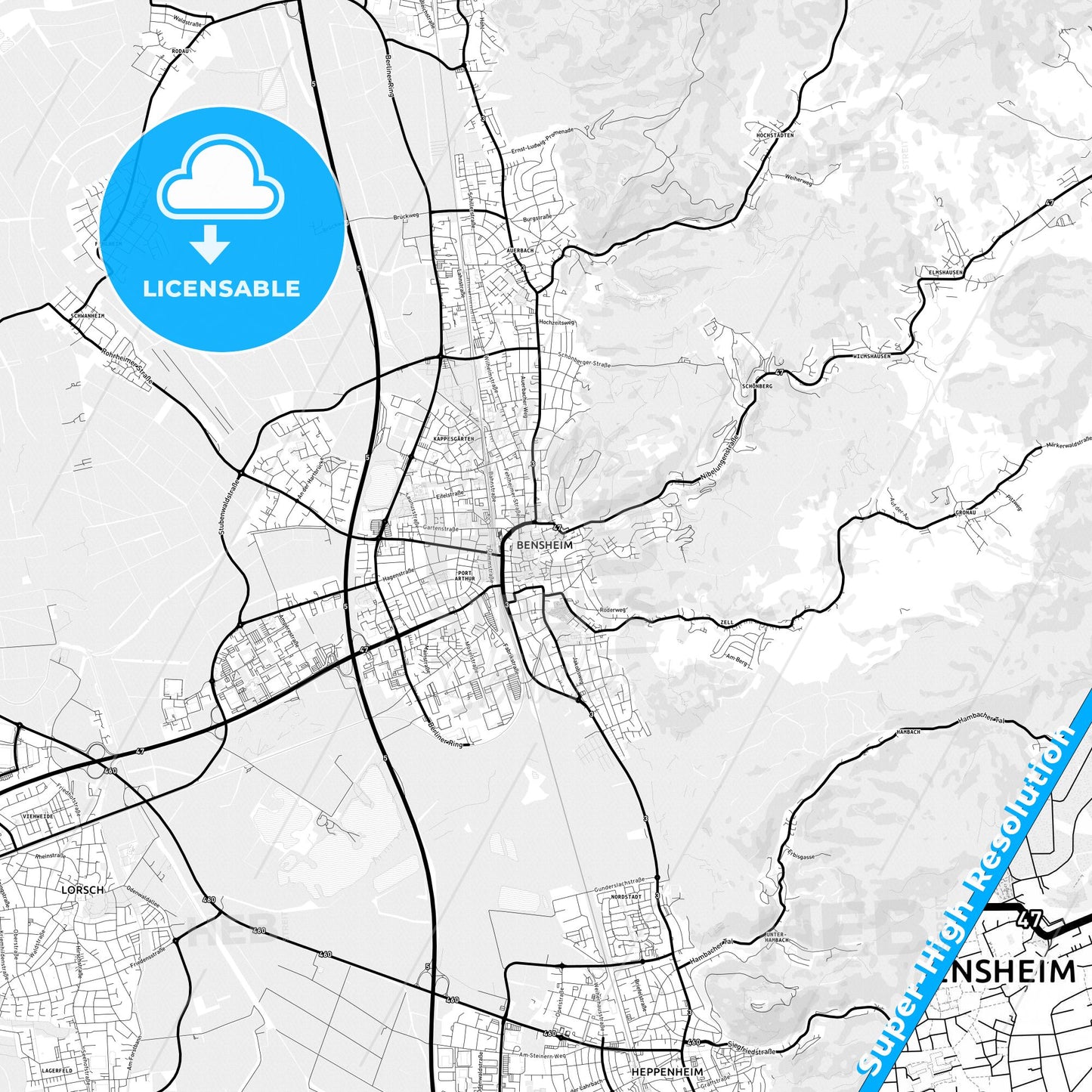 Bensheim, Germany Light Map with Street Names, City Names, and Districts