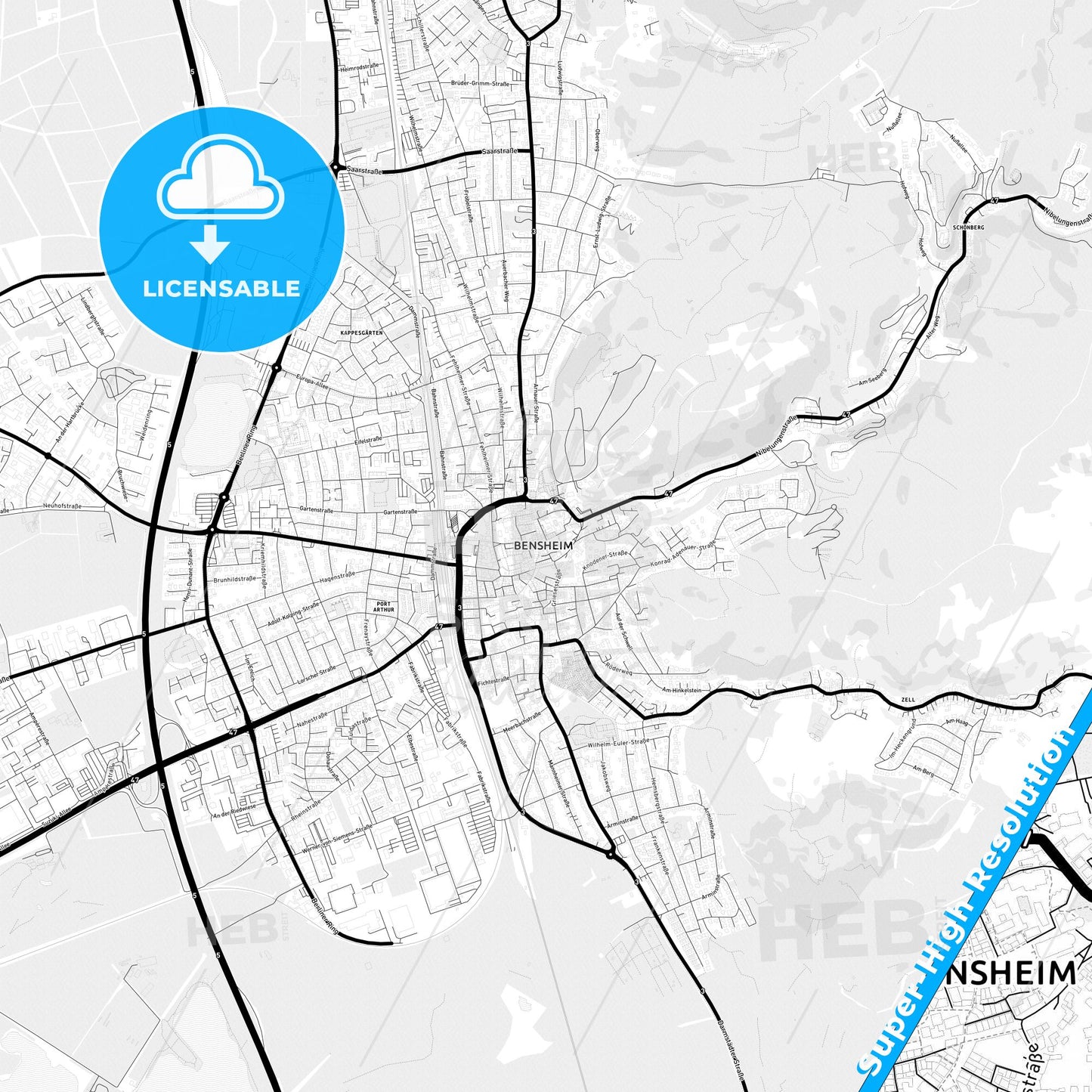 Bensheim, Germany Light Map with Street Names, City Names, and Districts