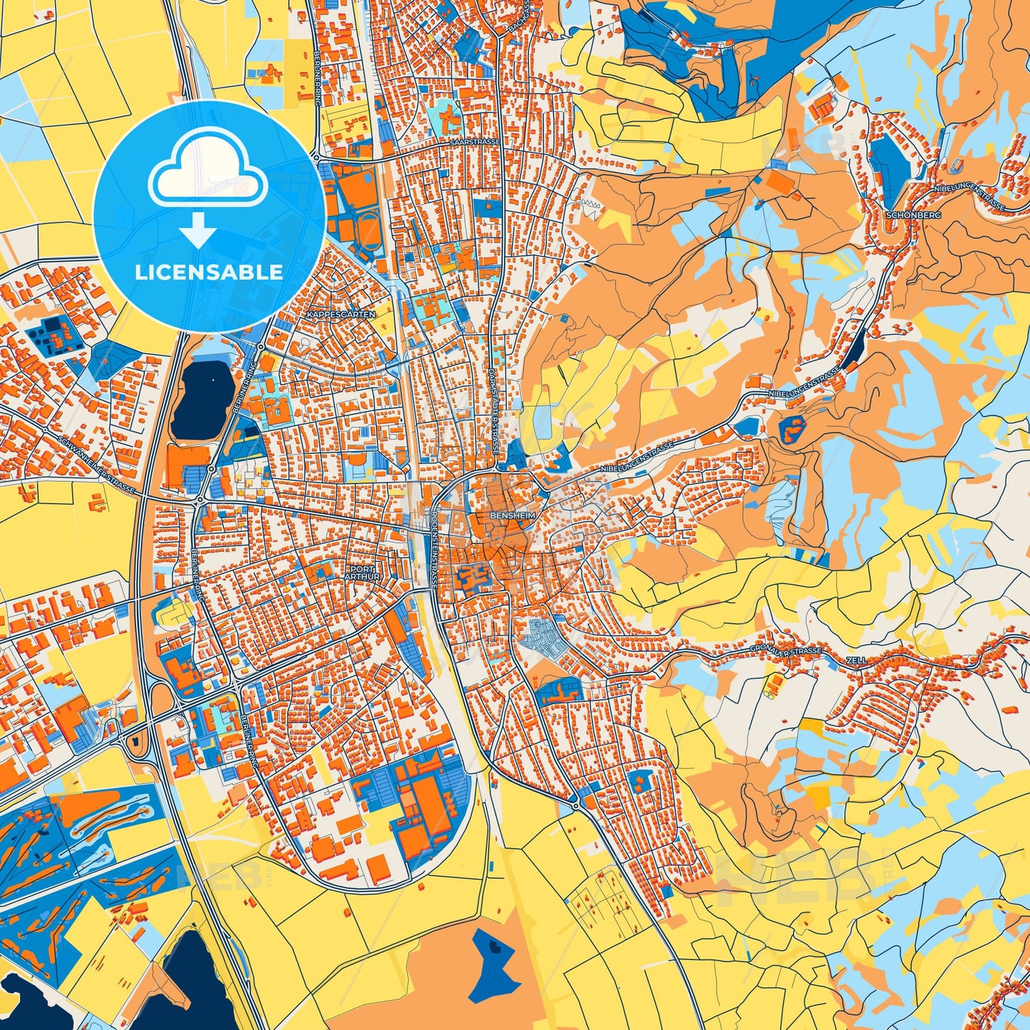 Colorful Bensheim Street Map with Labels and Buildings