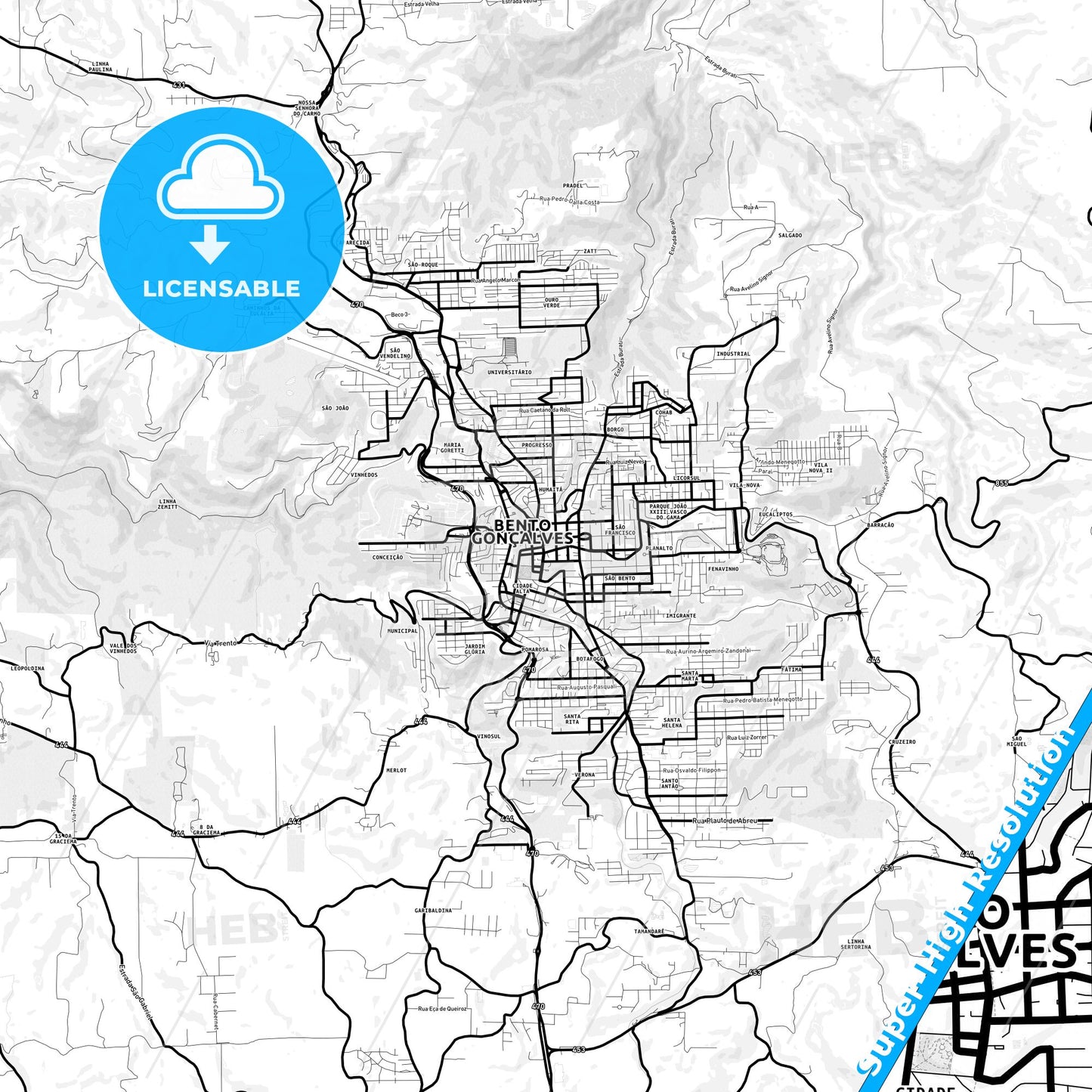 Bento Goncalves, Brazil Light Map with Street Names, City Names, and Districts