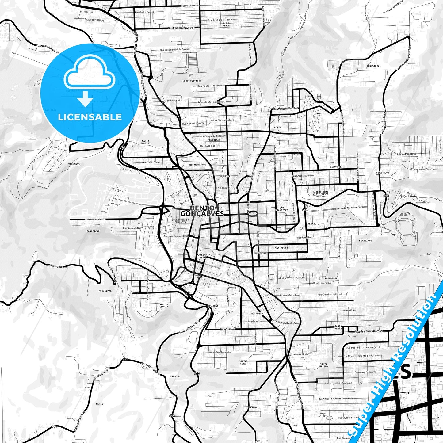 Bento Goncalves, Brazil Light Map with Street Names, City Names, and Districts