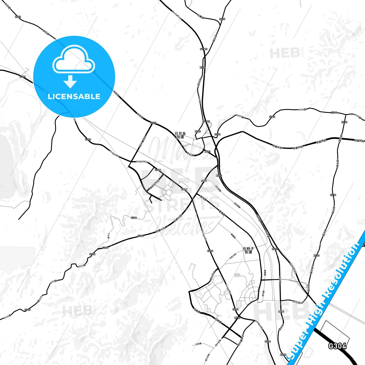 Benxi, China Light Map with Street Names, City Names, and Districts