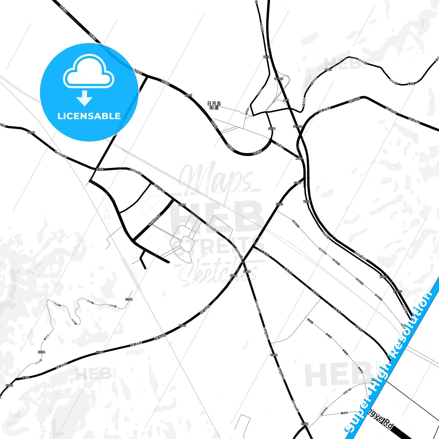 Benxi, China Light Map with Street Names, City Names, and Districts