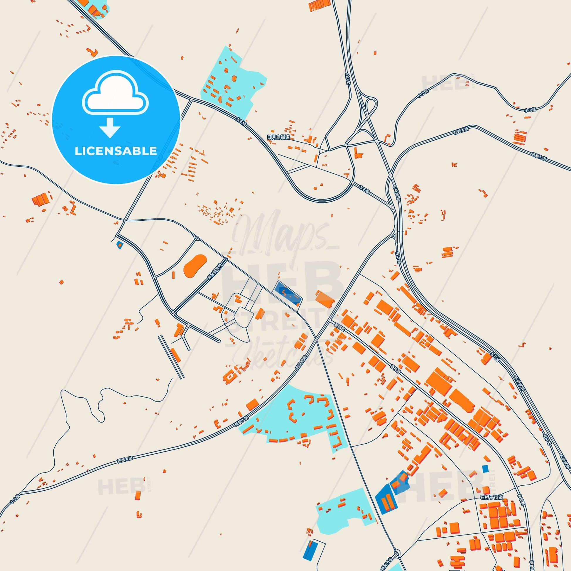 Colorful Benxi Street Map with Labels and Buildings