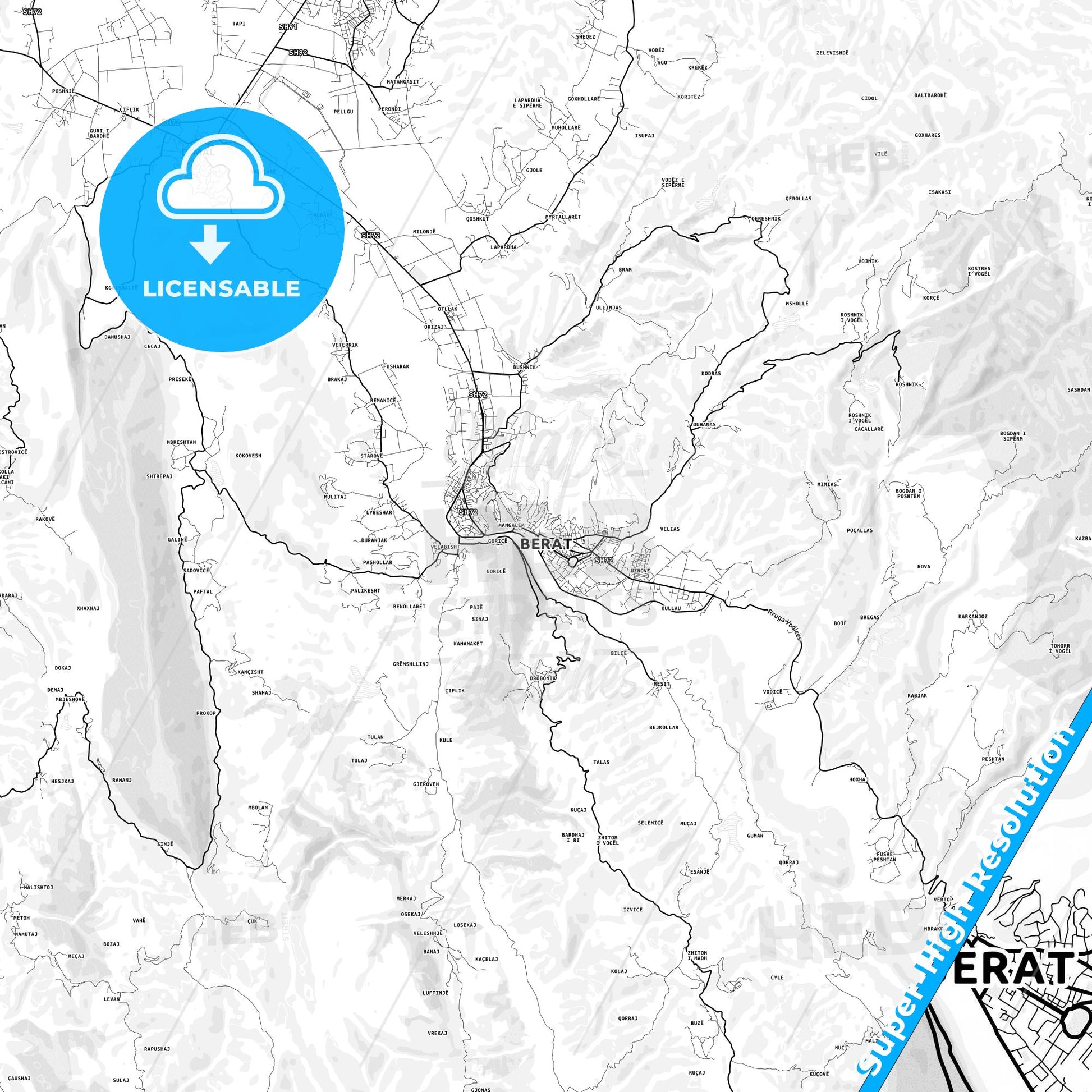 Berat, Albania light map with streetnames, citynames and districts