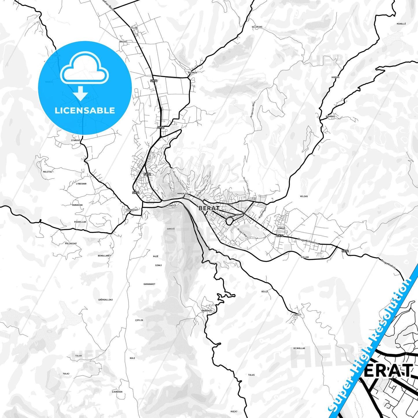 Berat, Albania Light Map with Street Names, City Names, and Districts