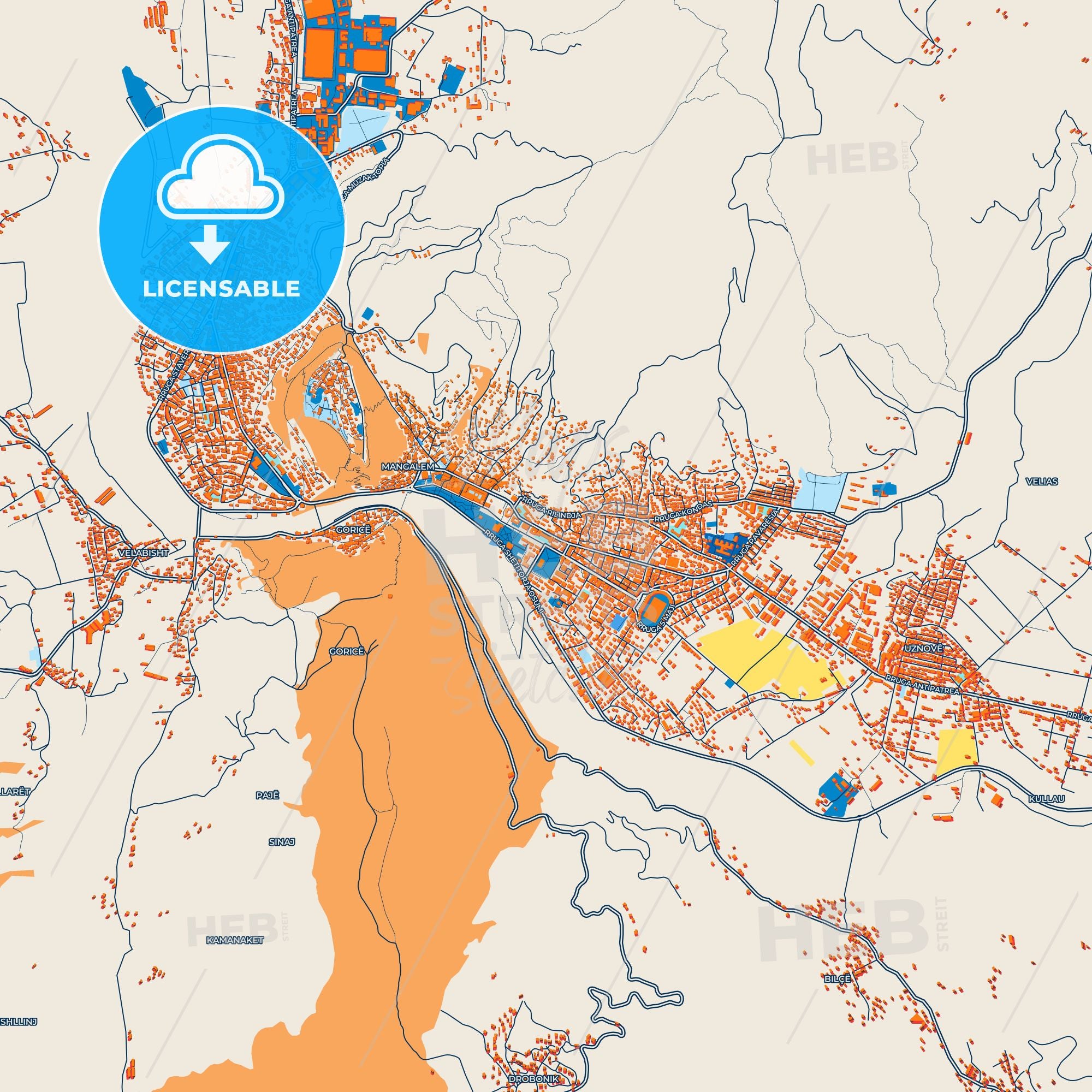 Colorful Berat Street Map With Labels And Buildings – HEBSTREITS