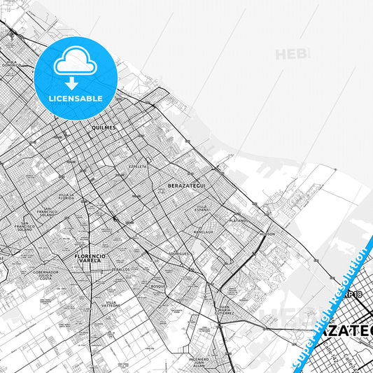 Berazategui, Argentina light map with streetnames, citynames and districts