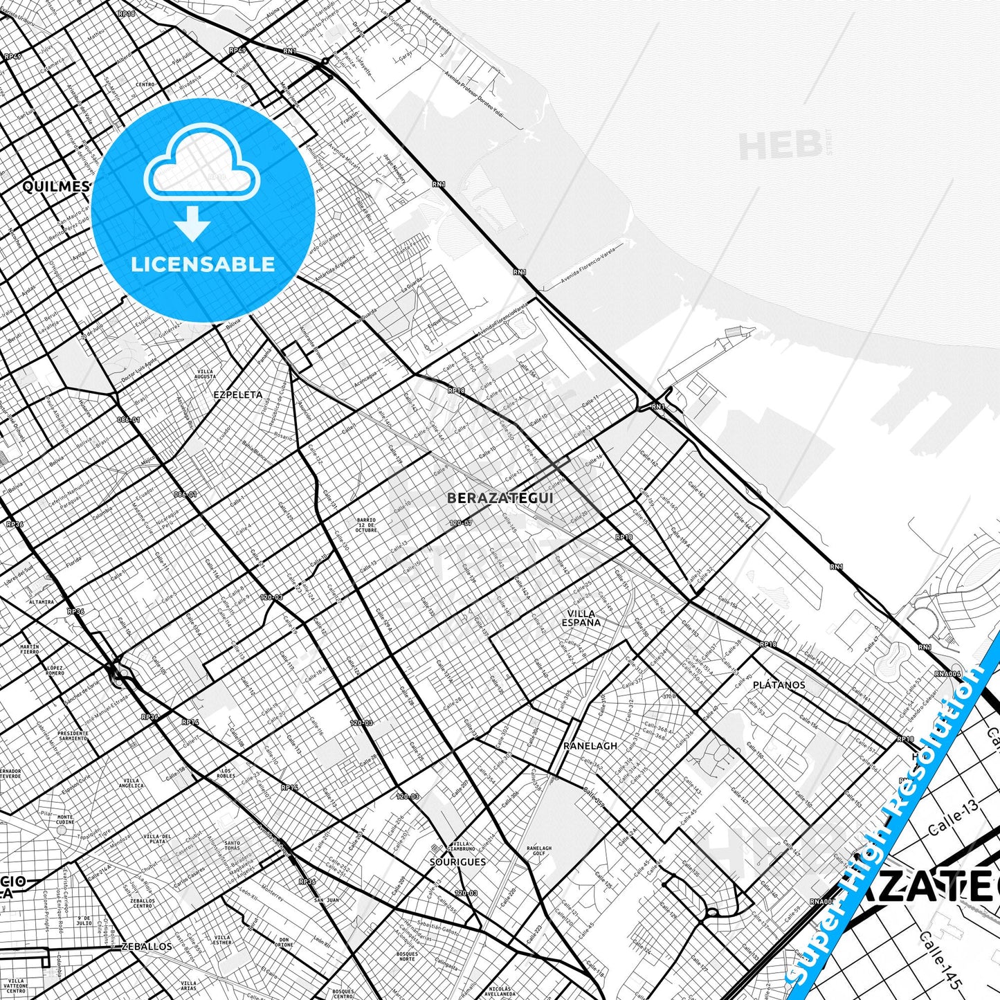 Berazategui, Argentina Light Map with Street Names, City Names, and Districts