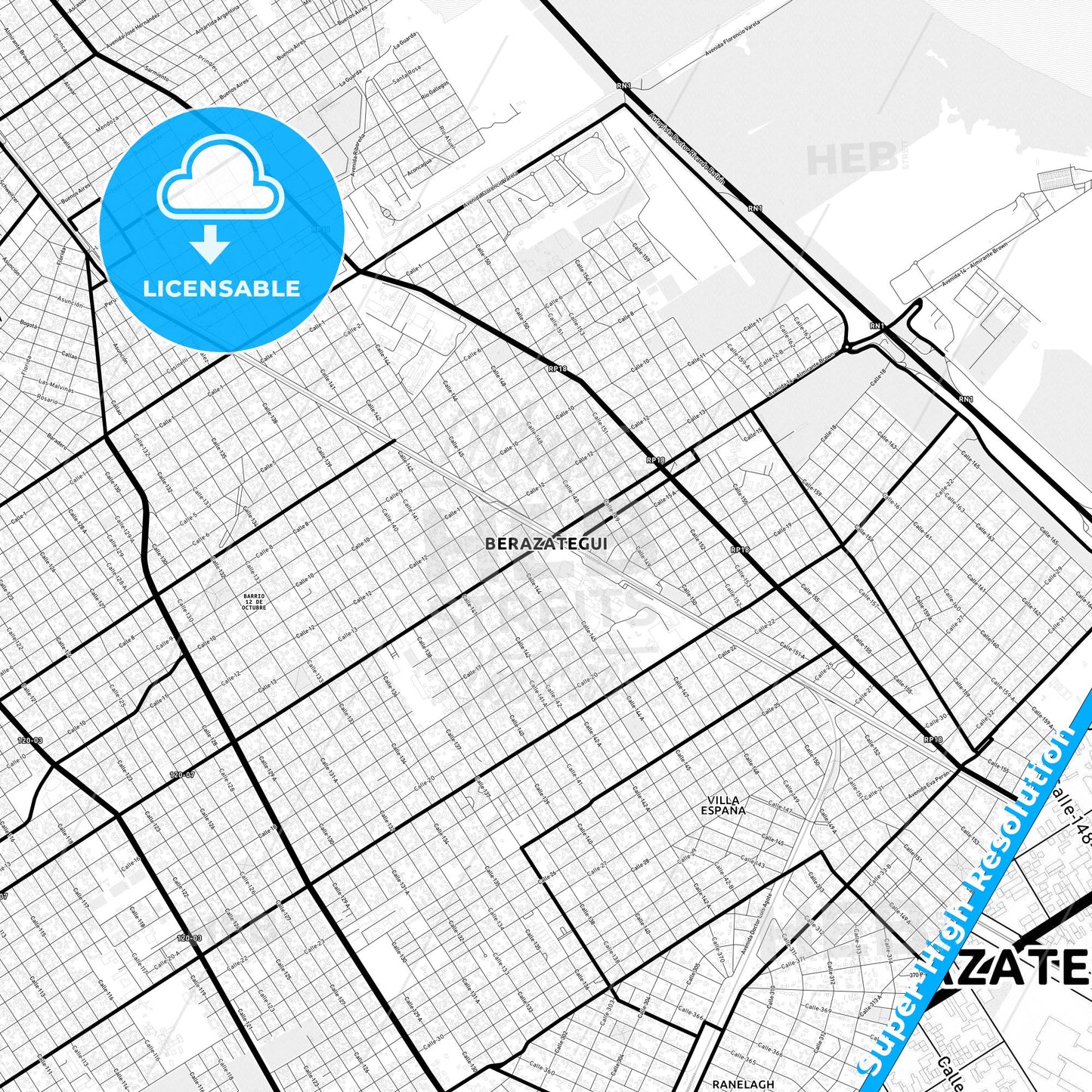 Berazategui, Argentina Light Map with Street Names, City Names, and Districts
